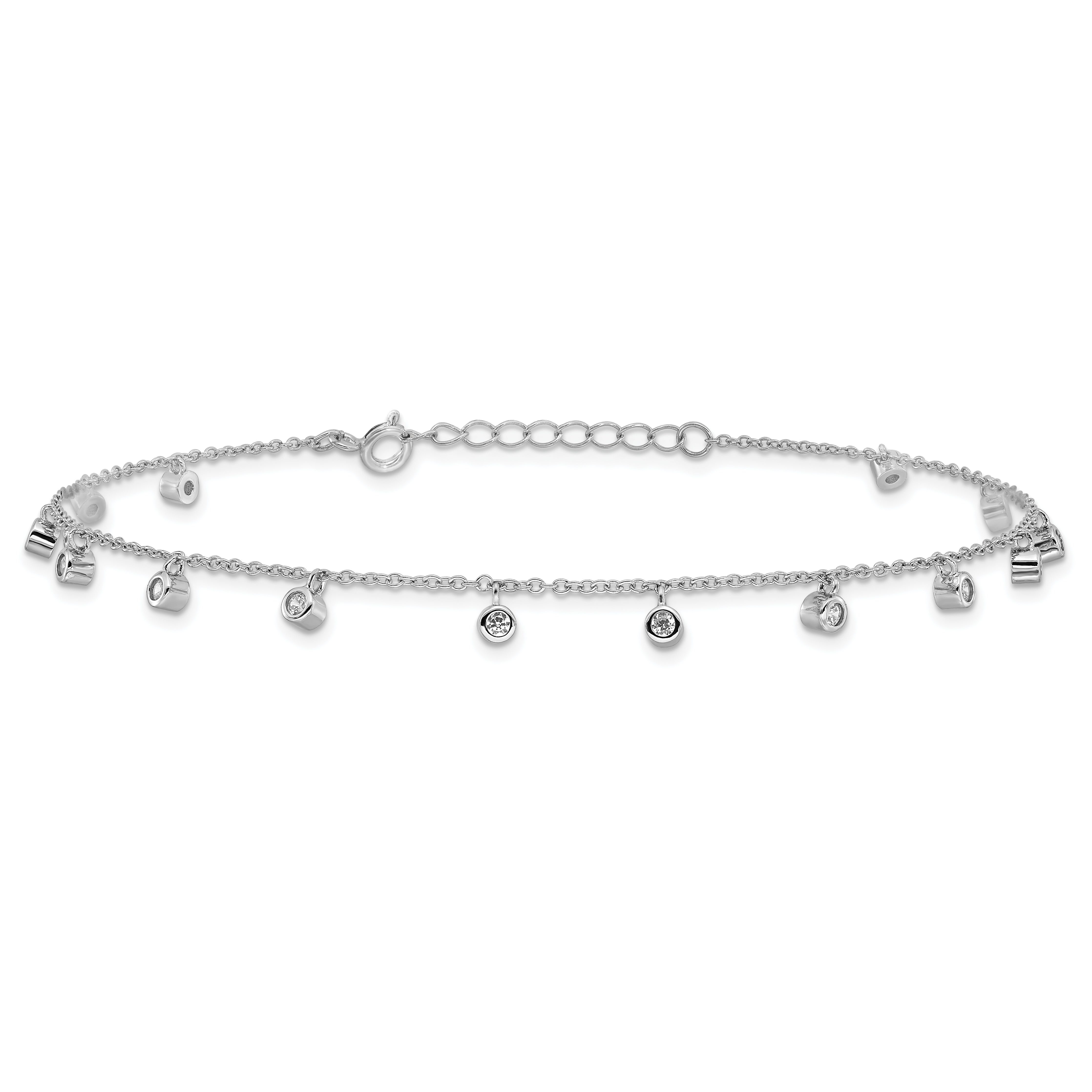 Sterling Silver Rhodium-plated Bezel CZ 9in Plus 1in ext Anklet