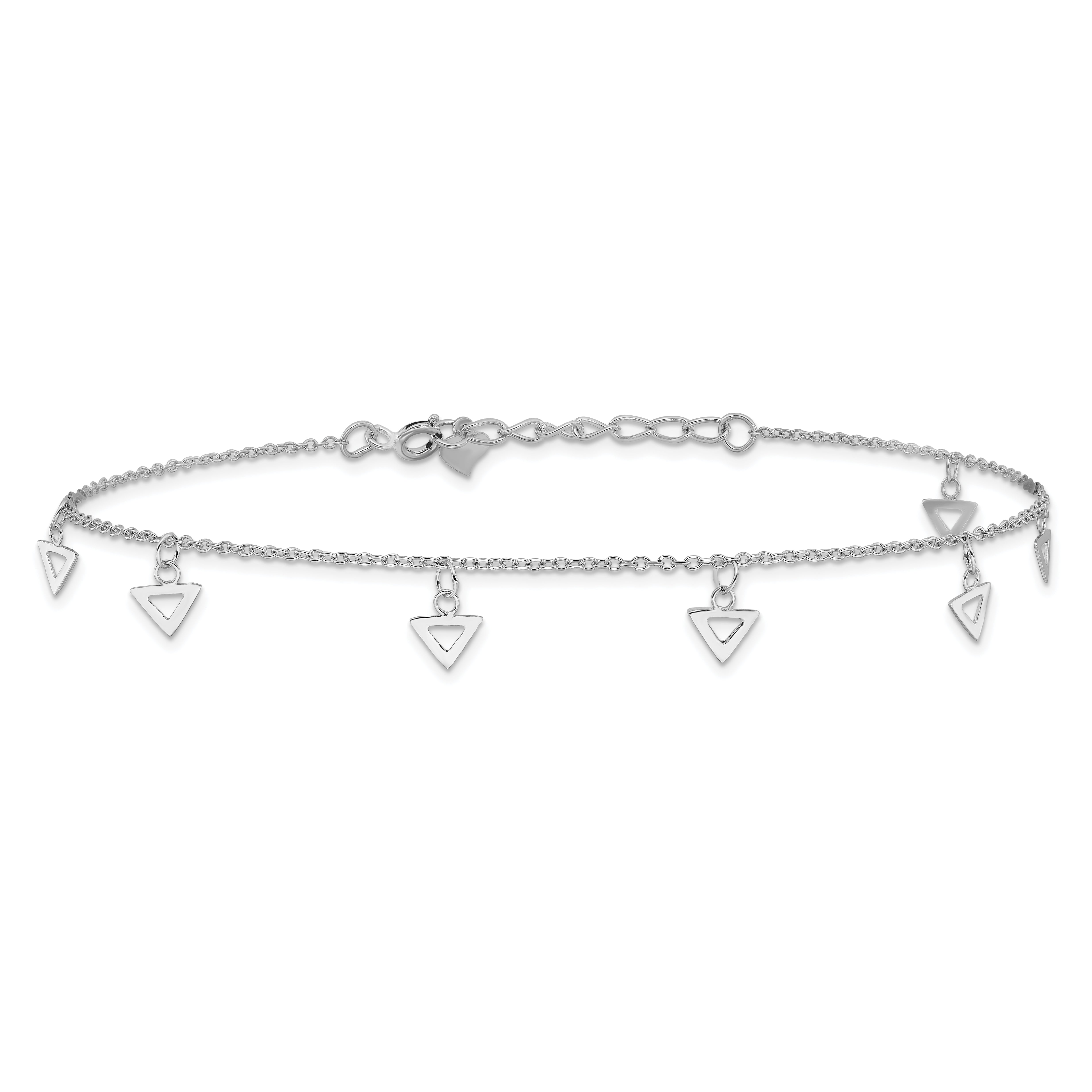 Sterling Silver Rhodium-plated Polished Triangle 9.5in Plus 1in ext. Anklet