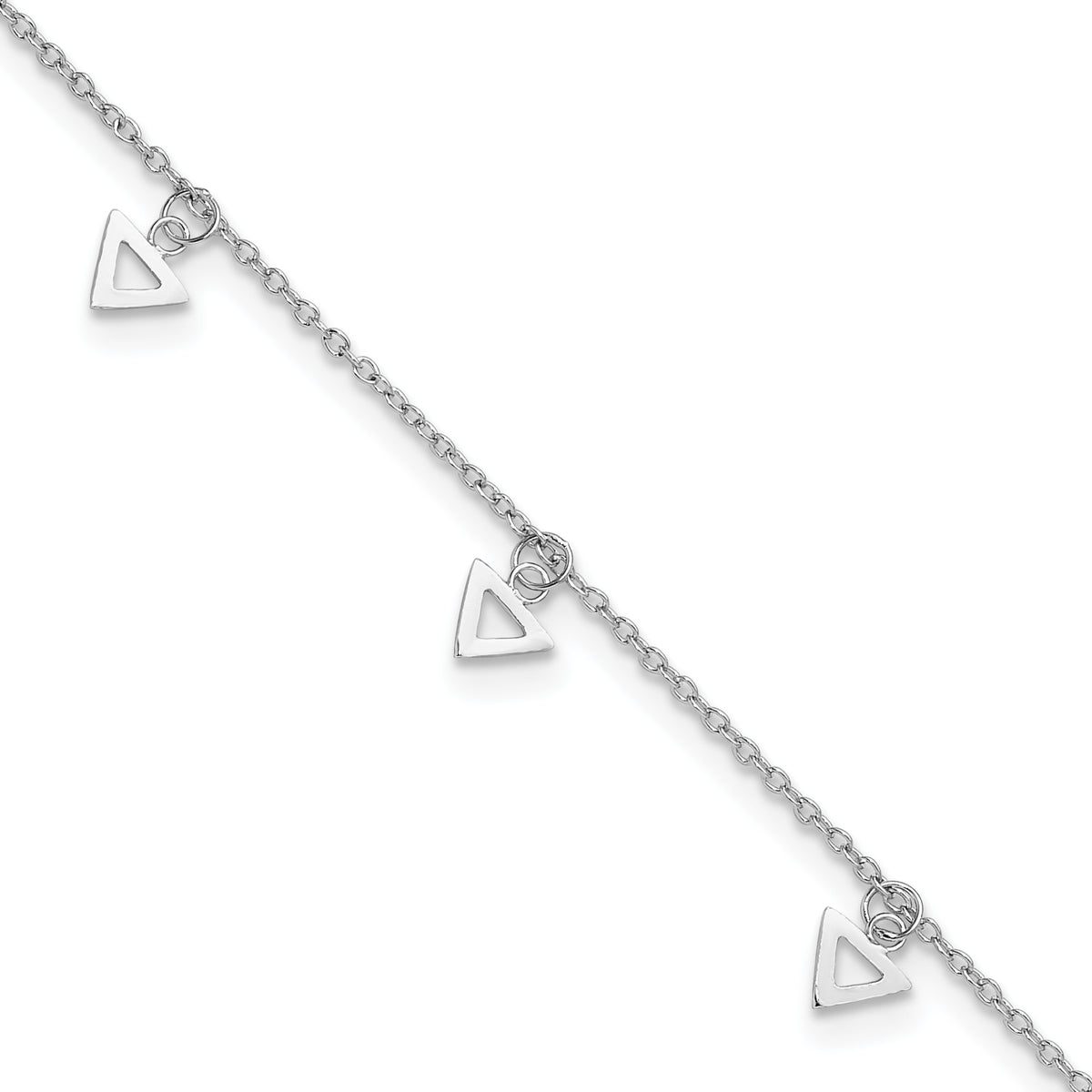 Sterling Silver Rhodium-plated Polished Triangle 9.5in Plus 1in ext. Anklet