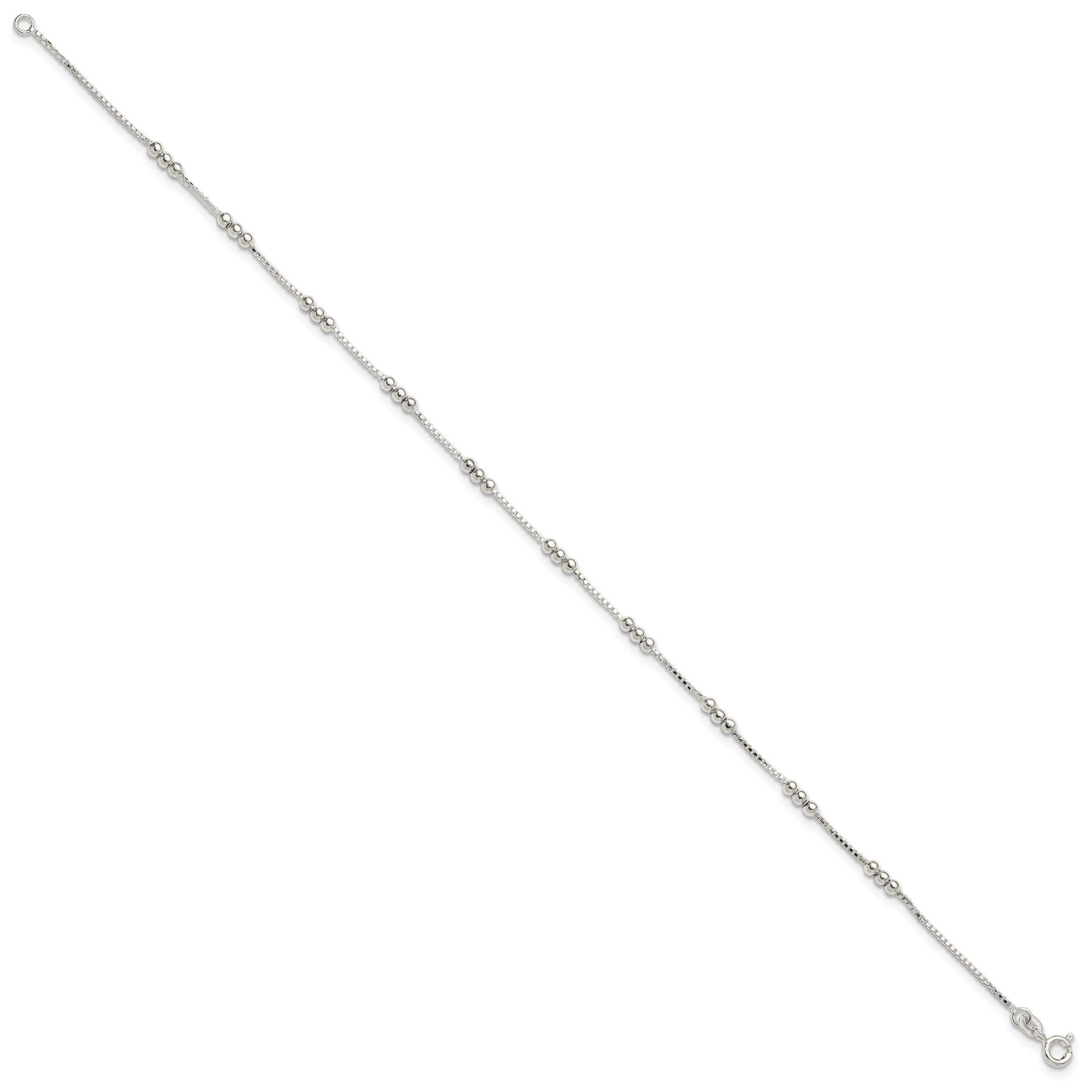 Sterling Silver Polished Beaded Box 10in Anklet