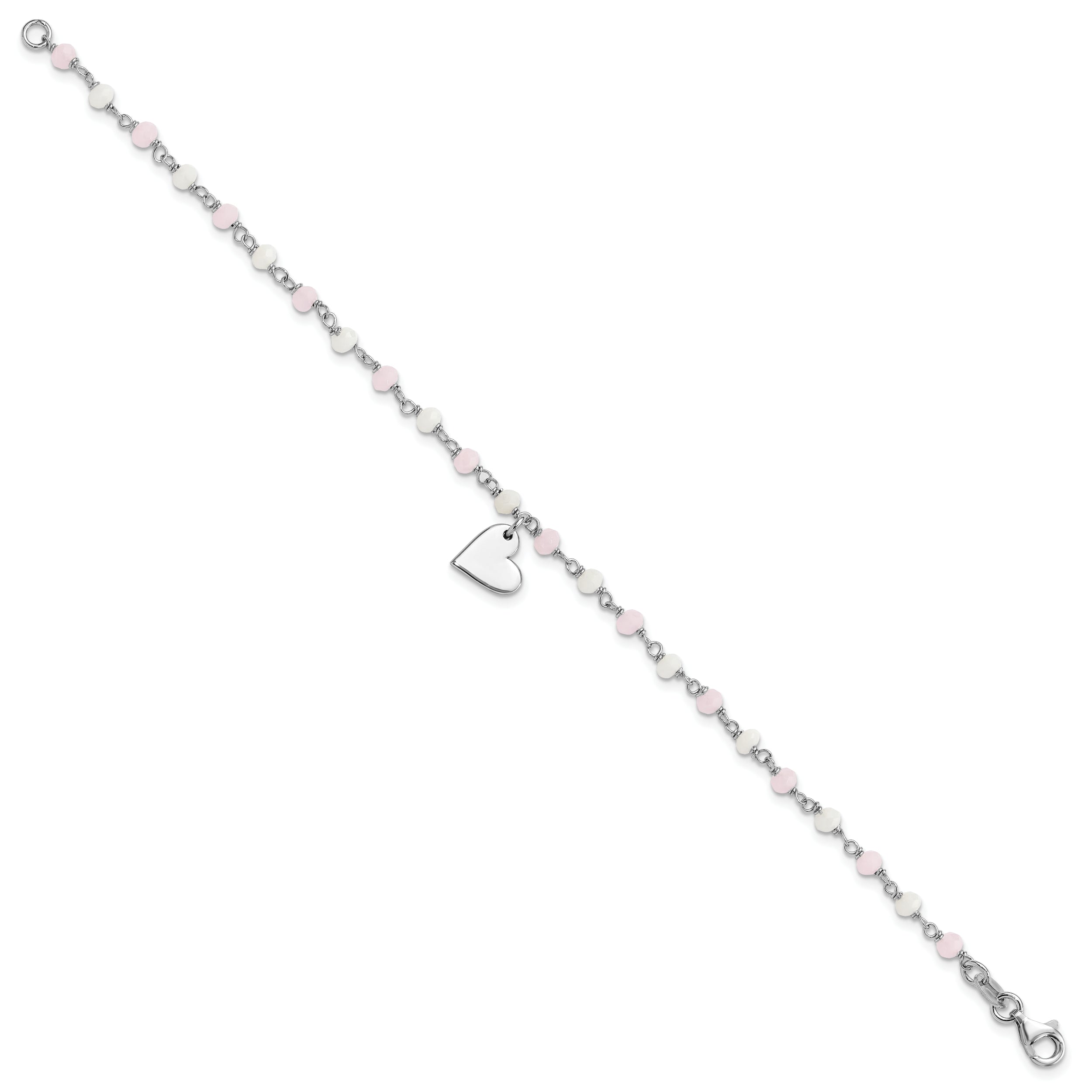 Sterling Silver Rhod-plated Heart Pink/White Glass Beads 7.5in Bracelet - 7.5