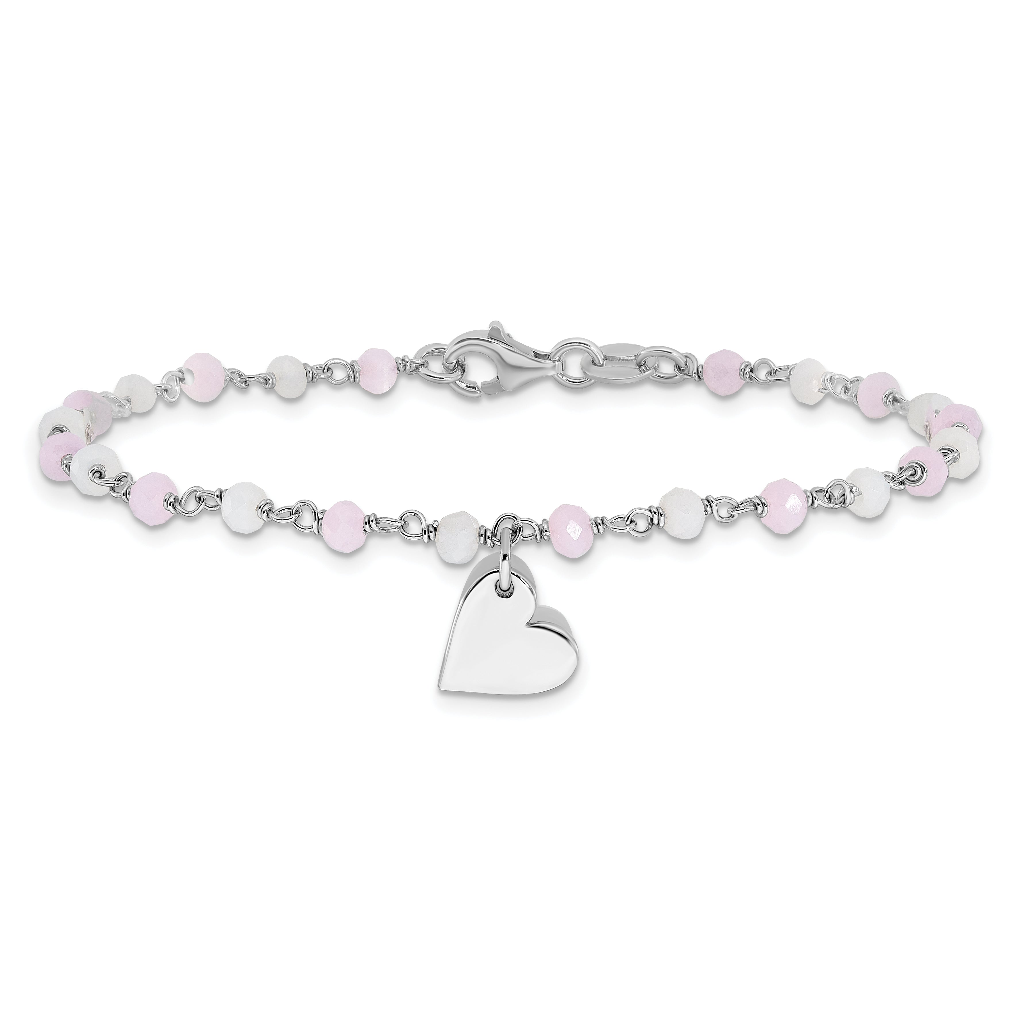 Sterling Silver Rhod-plated Heart Pink/White Glass Beads 7.5in Bracelet - 7.5