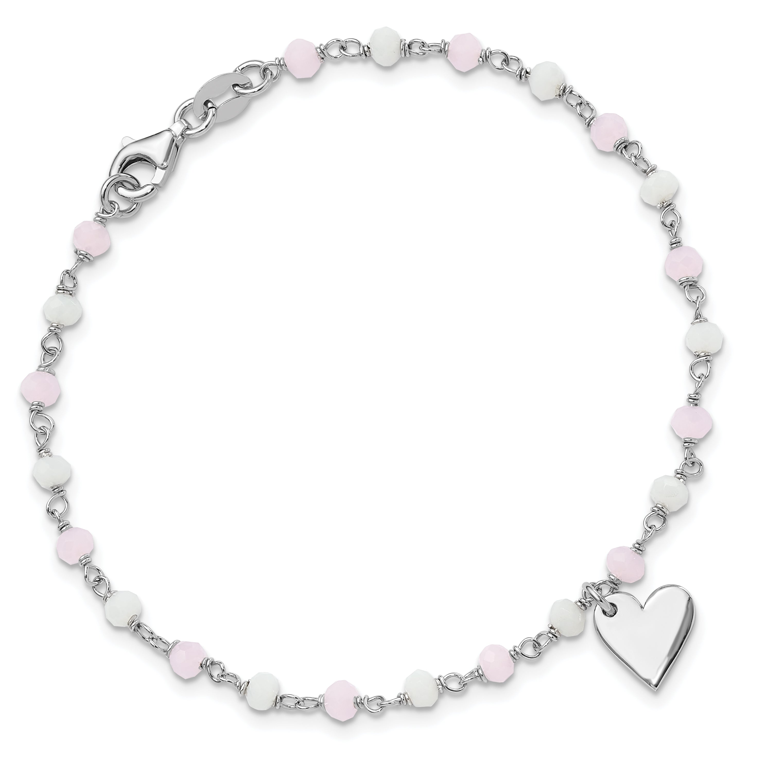 Sterling Silver Rhod-plated Heart Pink/White Glass Beads 7.5in Bracelet - 7.5