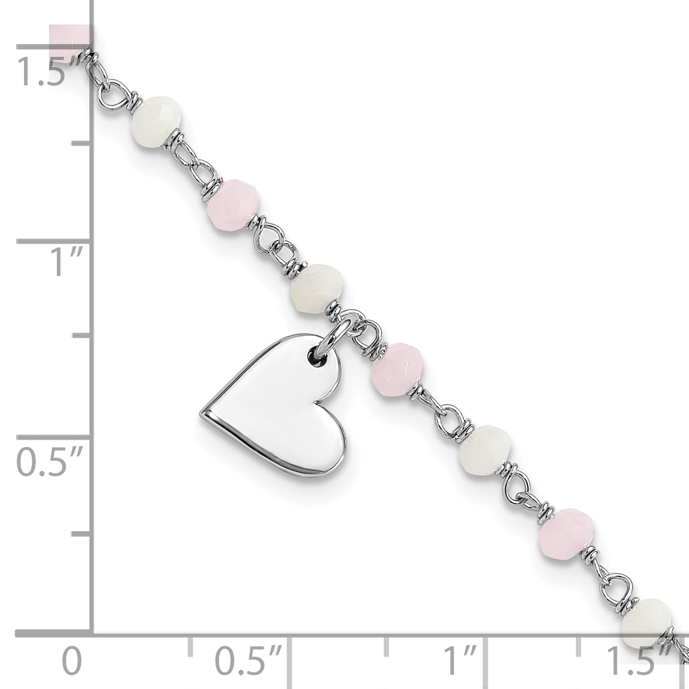 Sterling Silver Rhod-plated Heart Pink/White Glass Beads 7.5in Bracelet - 7.5