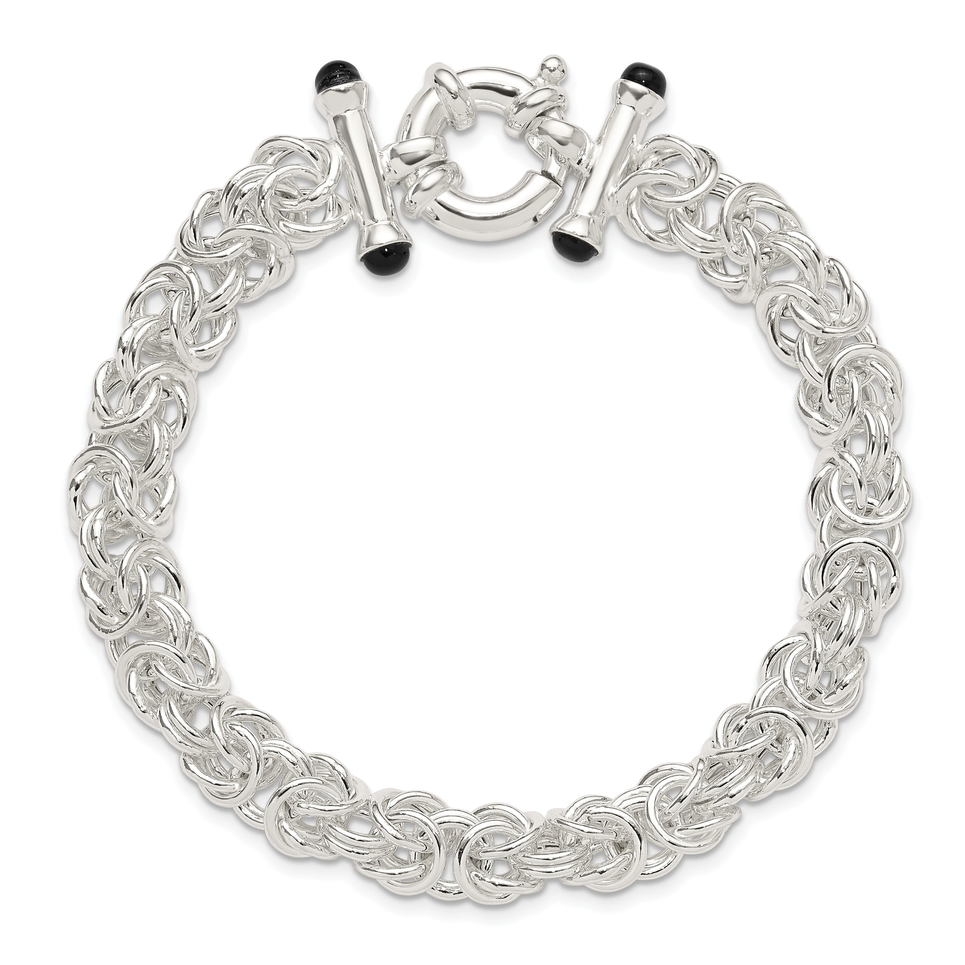 Sterling Silver Polished Black Onyx Rounded Byzantine Chain Bracelet