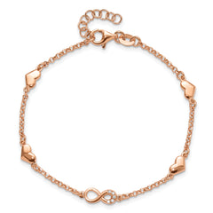 Sterling Silver Rose Gold-plated Heart CZ Infinity w/.5in ext. Bracelet