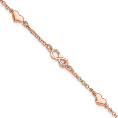 Sterling Silver Rose Gold-plated Heart CZ Infinity w/.5in ext. Bracelet