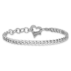 Sterling Silver Rhod-plated Heart Clasp D/C Curb 6.5in w/1in ext Bracelet