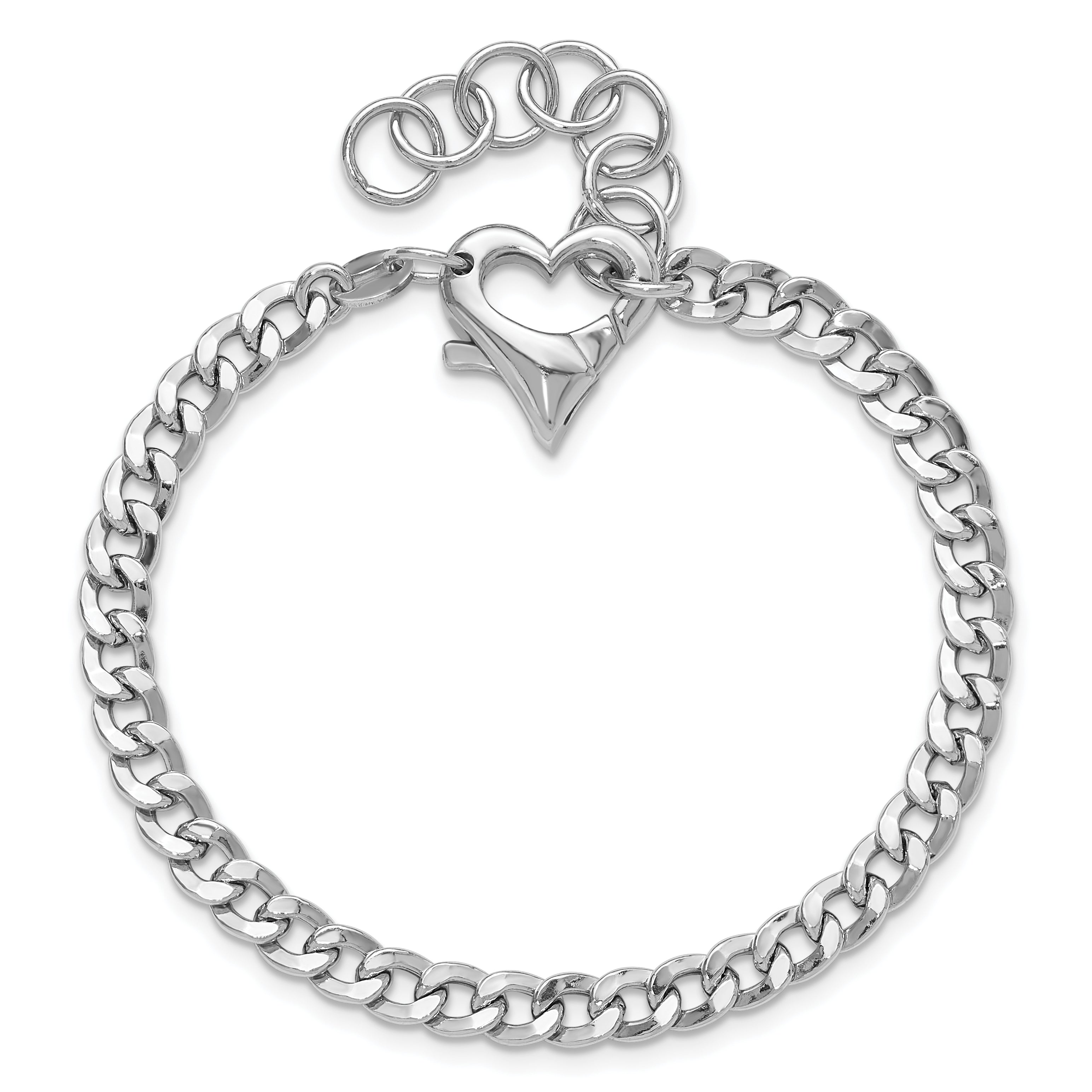 Sterling Silver Rhod-plated Heart Clasp D/C Curb 6.5in w/1in ext Bracelet