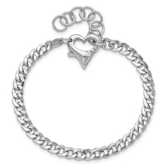 Sterling Silver Rhod-plated Heart Clasp D/C Curb 6.5in w/1in ext Bracelet