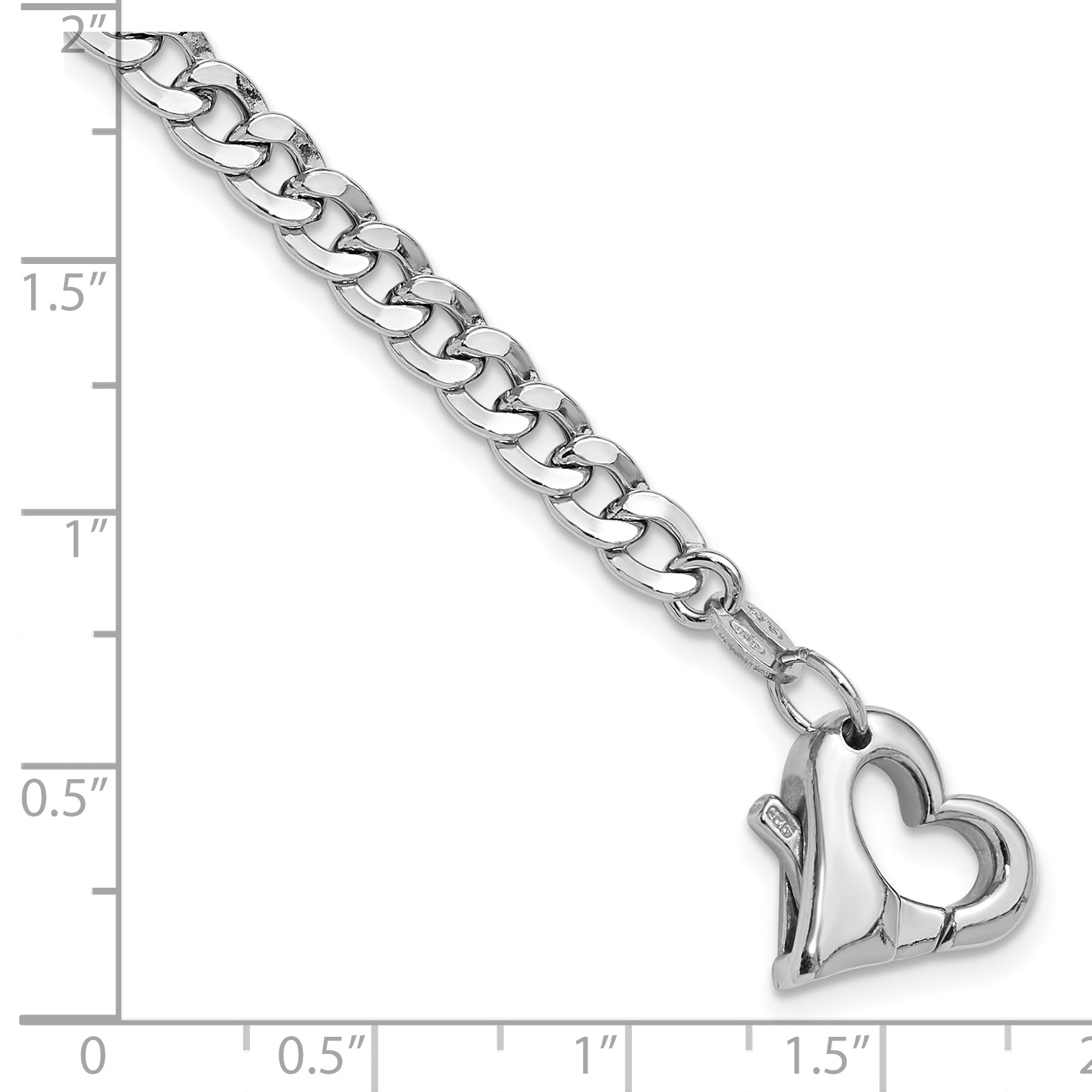 Sterling Silver Rhod-plated Heart Clasp D/C Curb 6.5in w/1in ext Bracelet