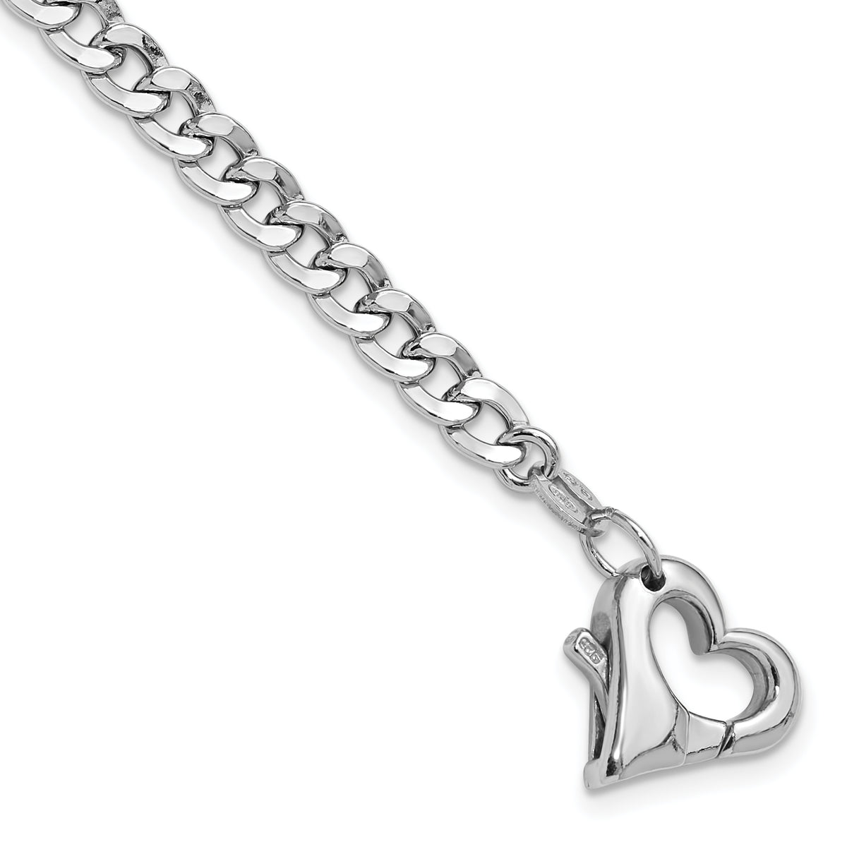 Sterling Silver Rhod-plated Heart Clasp D/C Curb 6.5in w/1in ext Bracelet