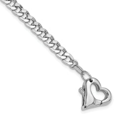 Sterling Silver Rhod-plated Heart Clasp D/C Curb 6.5in w/1in ext Bracelet