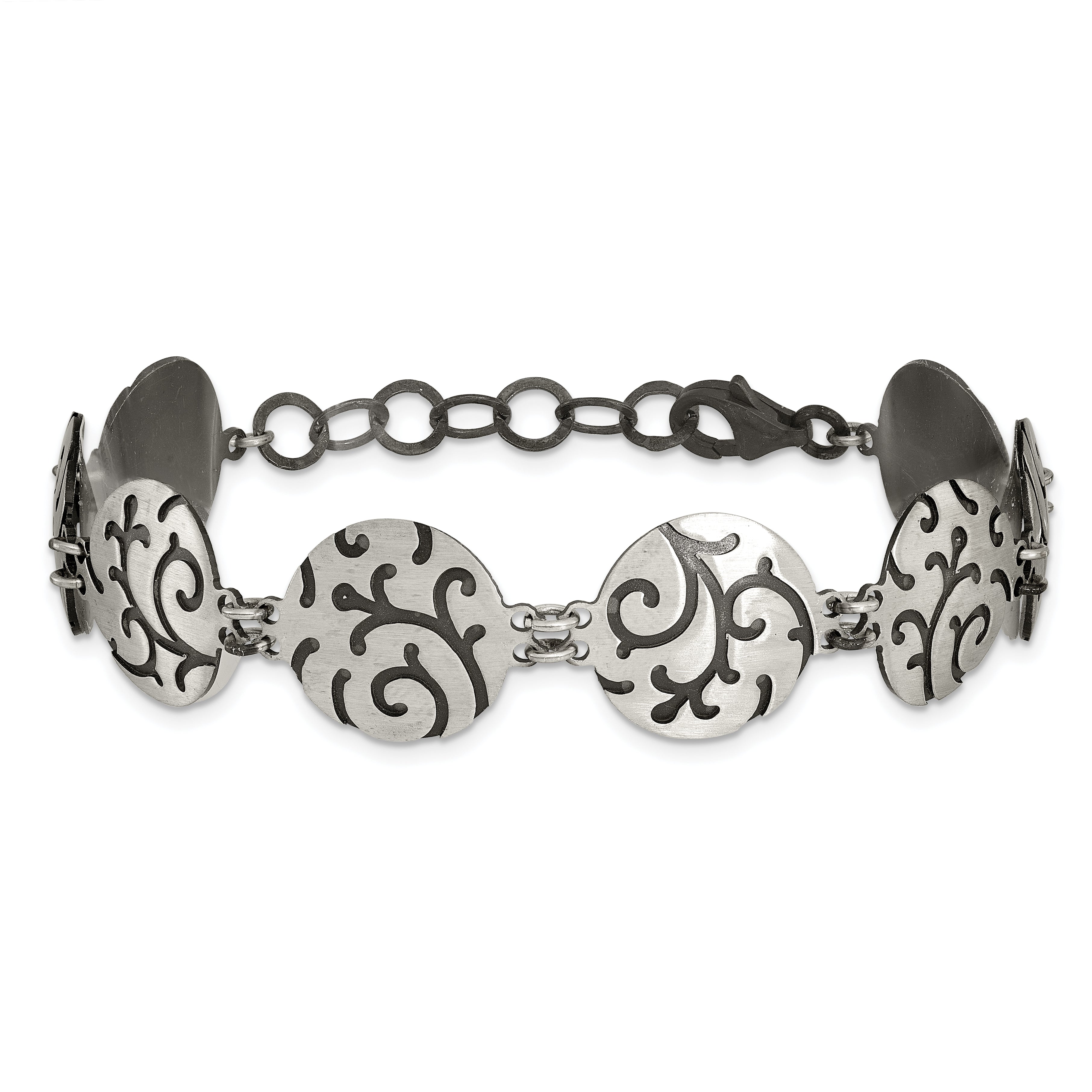 Sterling Silver Brushed Oxidize Burnished Swirl Disc w/1 in Ext. Bracelet