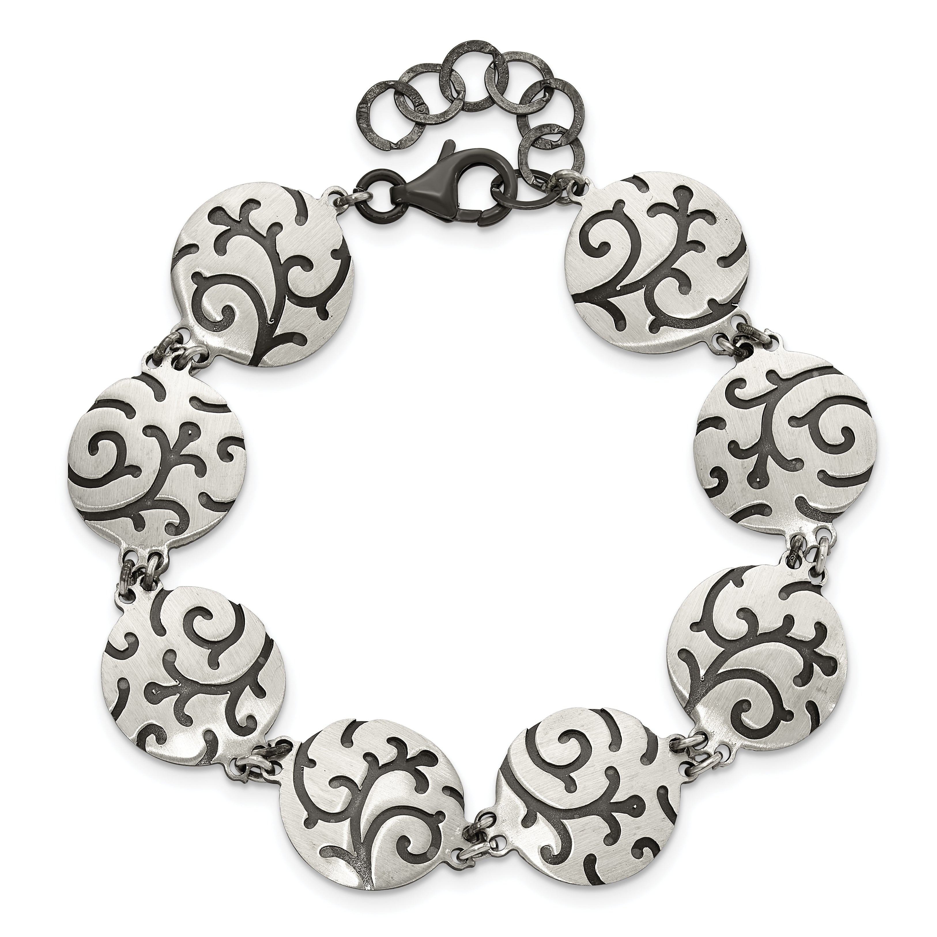 Sterling Silver Brushed Oxidize Burnished Swirl Disc w/1 in Ext. Bracelet