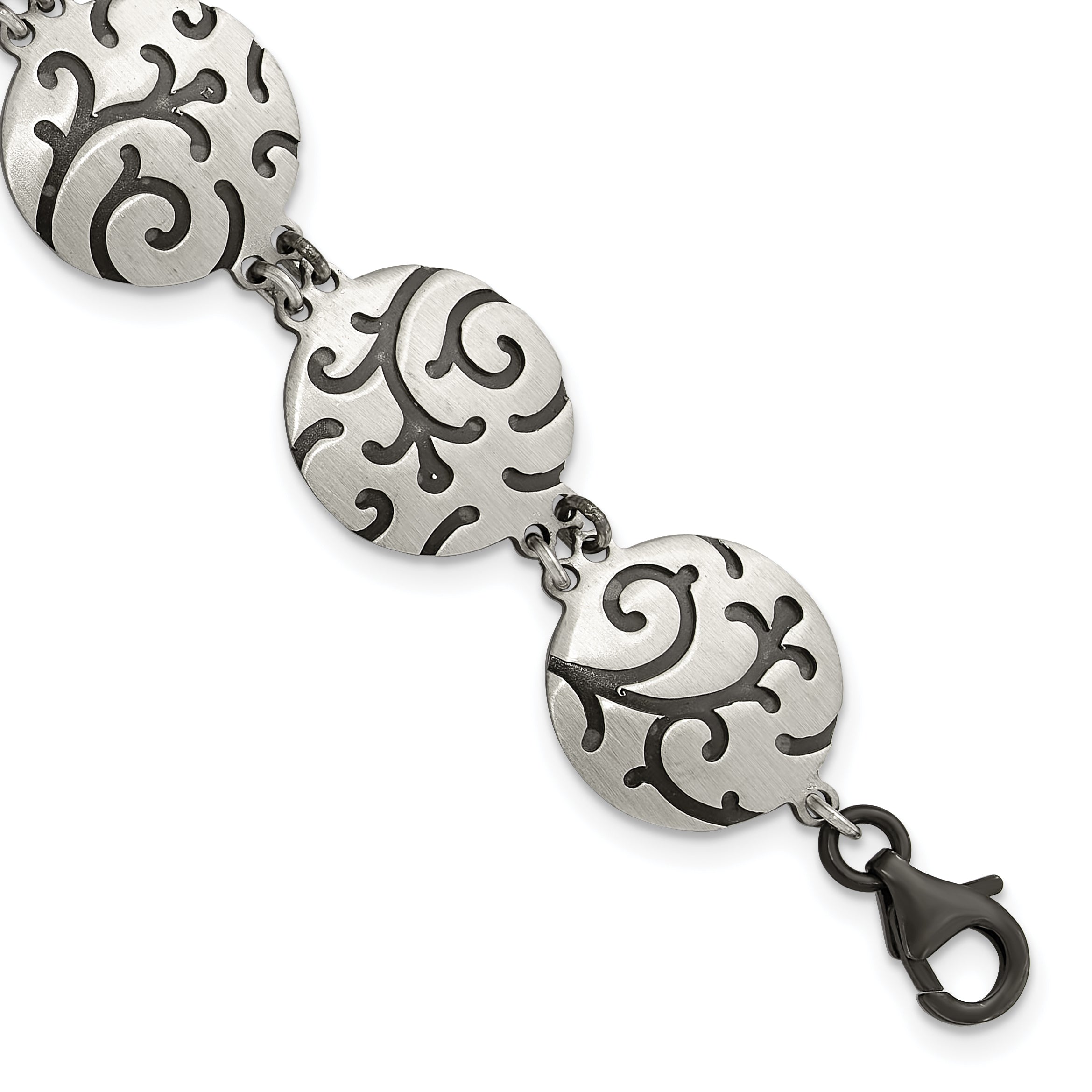 Sterling Silver Brushed Oxidize Burnished Swirl Disc w/1 in Ext. Bracelet