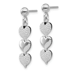 Sterling Silver Rhodium-plated Textured Hearts Post Dangle Earrings