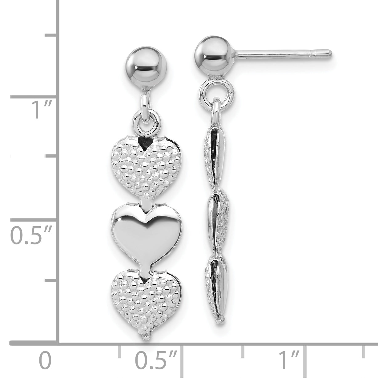 Sterling Silver Rhodium-plated Textured Hearts Post Dangle Earrings