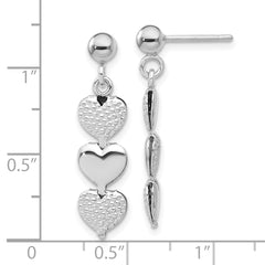 Sterling Silver Rhodium-plated Textured Hearts Post Dangle Earrings