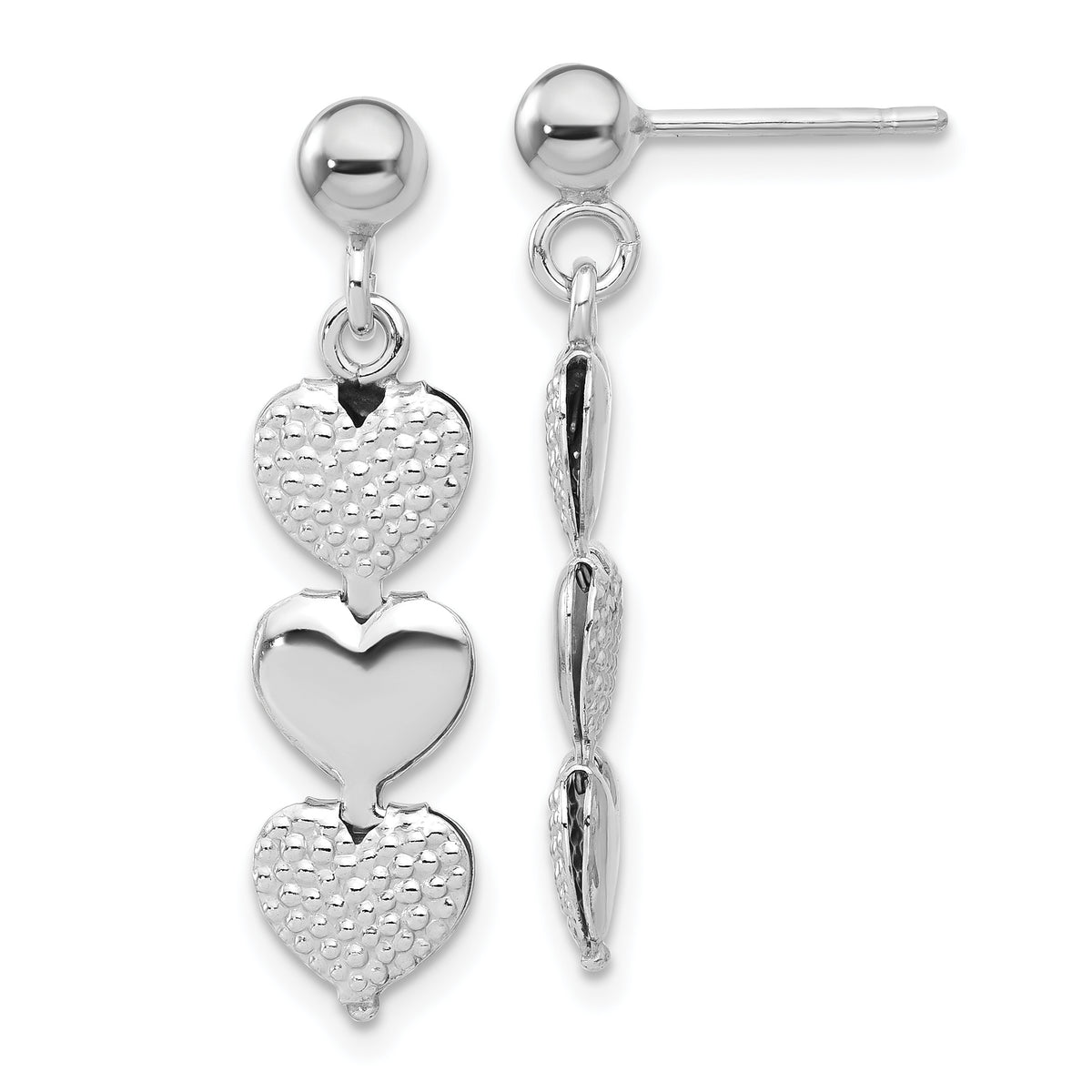 Sterling Silver Rhodium-plated Textured Hearts Post Dangle Earrings