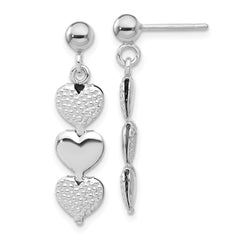 Sterling Silver Rhodium-plated Textured Hearts Post Dangle Earrings
