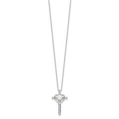 Sterling Silver RH-plated Created Opal and CZ Cross w/Heart 18in Necklace