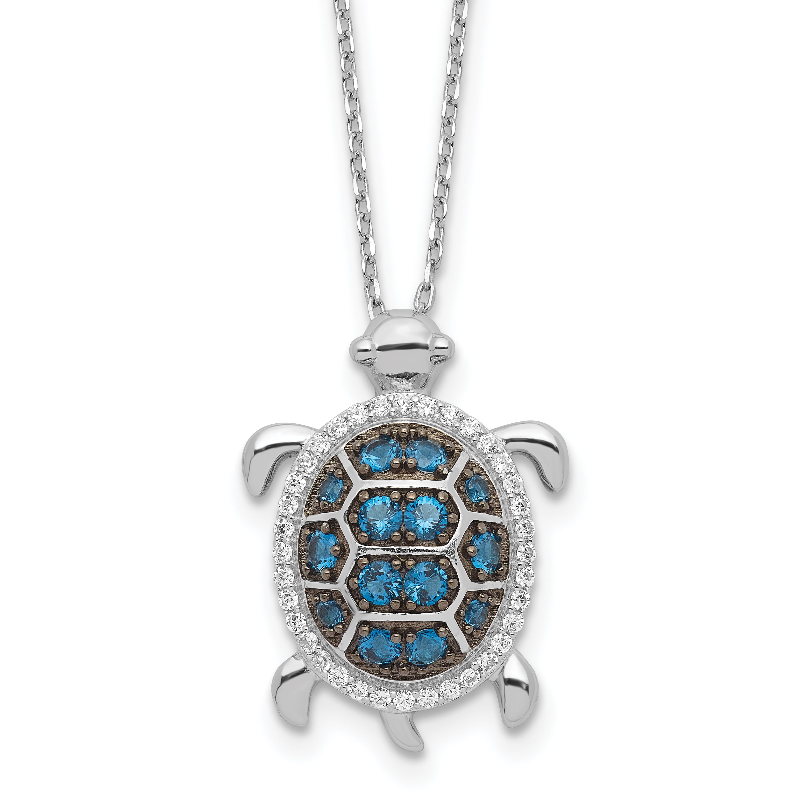 Sterling Silver Rh-plated and Black Rhodium CZ Turtle w/2in ext Necklace