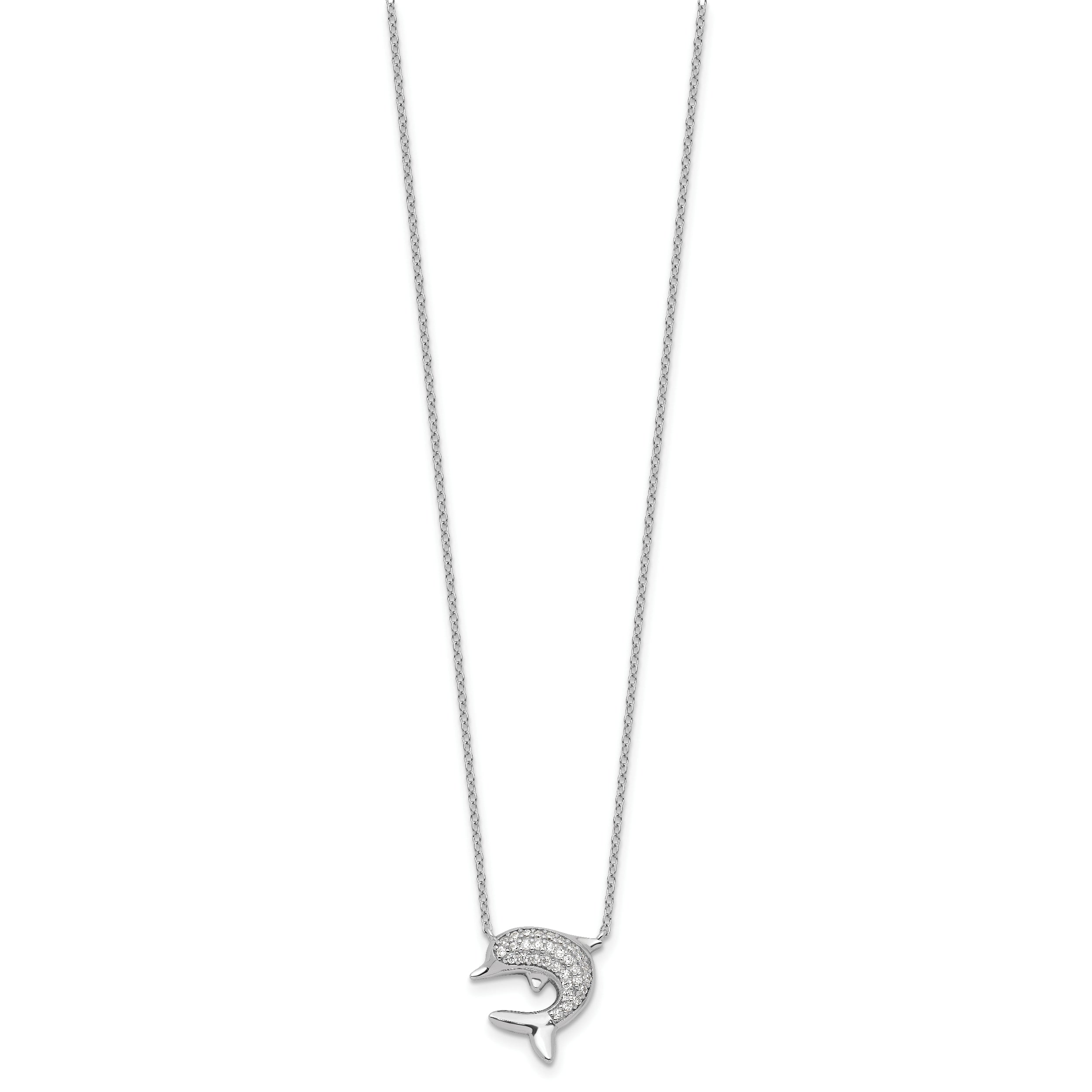 Sterling Silver Rhodium-plated Polished CZ Dolphin 18 inch with 2 inch extention Necklace