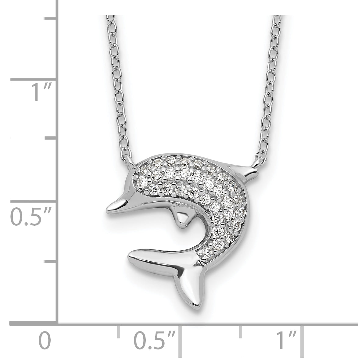 Sterling Silver Rhodium-plated Polished CZ Dolphin 18 inch with 2 inch extention Necklace