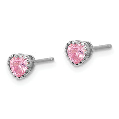 Sterling Silver Rhodium-plated Polished Pink CZ Heart Children's 13in w/2in Ext. Necklace & Stud Earring Set