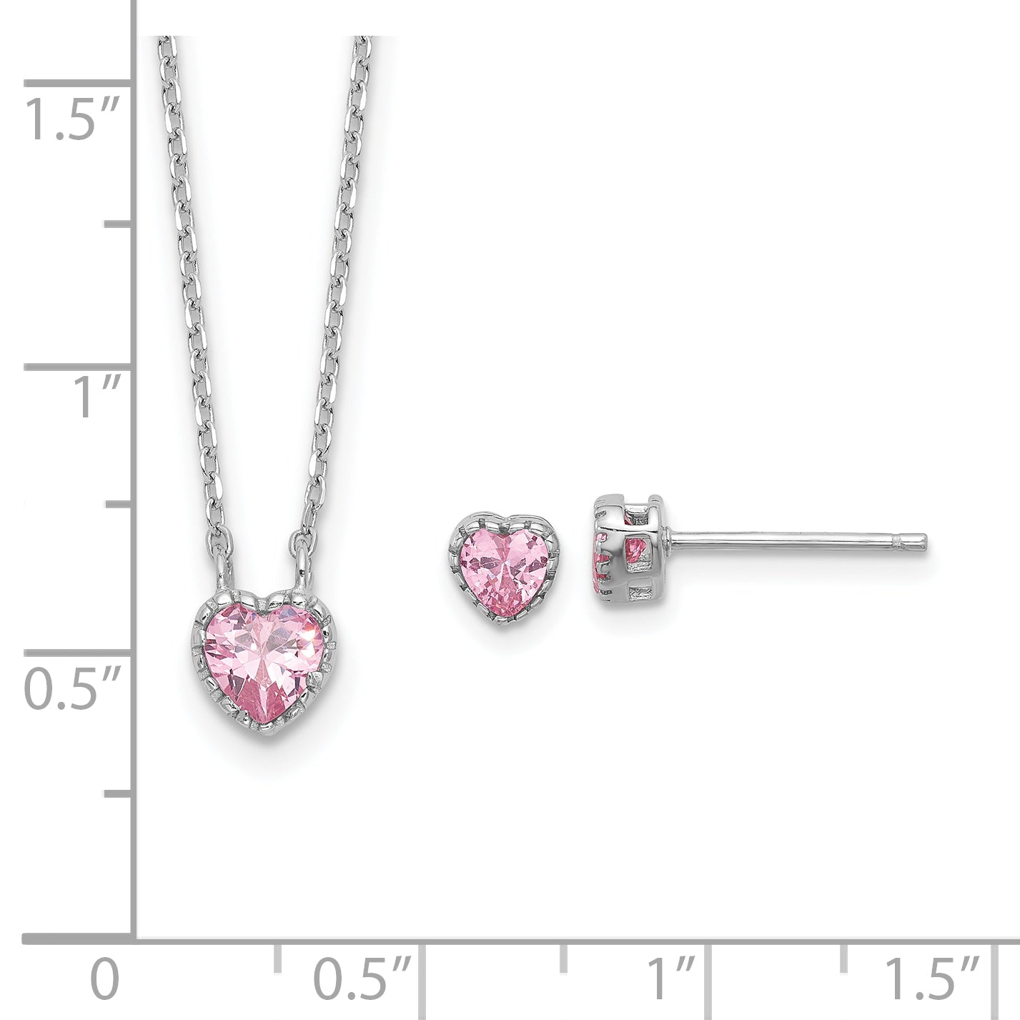 Sterling Silver Rhodium-plated Polished Pink CZ Heart Children's 13in w/2in Ext. Necklace & Stud Earring Set