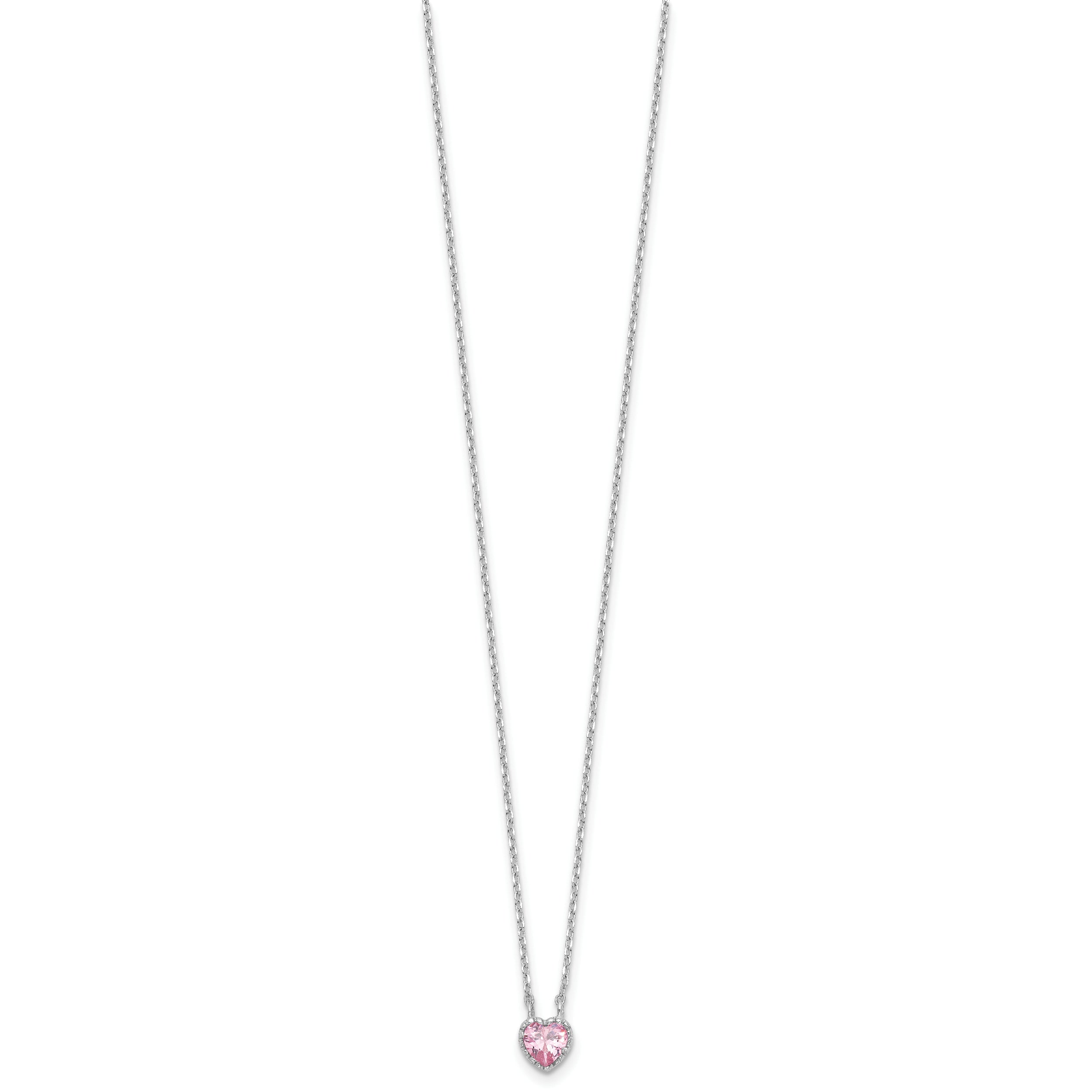 Sterling Silver Rhodium-plated Polished Pink CZ Heart Children's 13in w/2in Ext. Necklace & Stud Earring Set