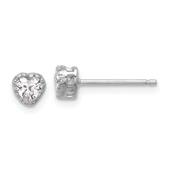 Sterling Silver Rhodium-plated Polished CZ Heart Children's 13in w/2in Ext. Necklace & Stud Earring Set