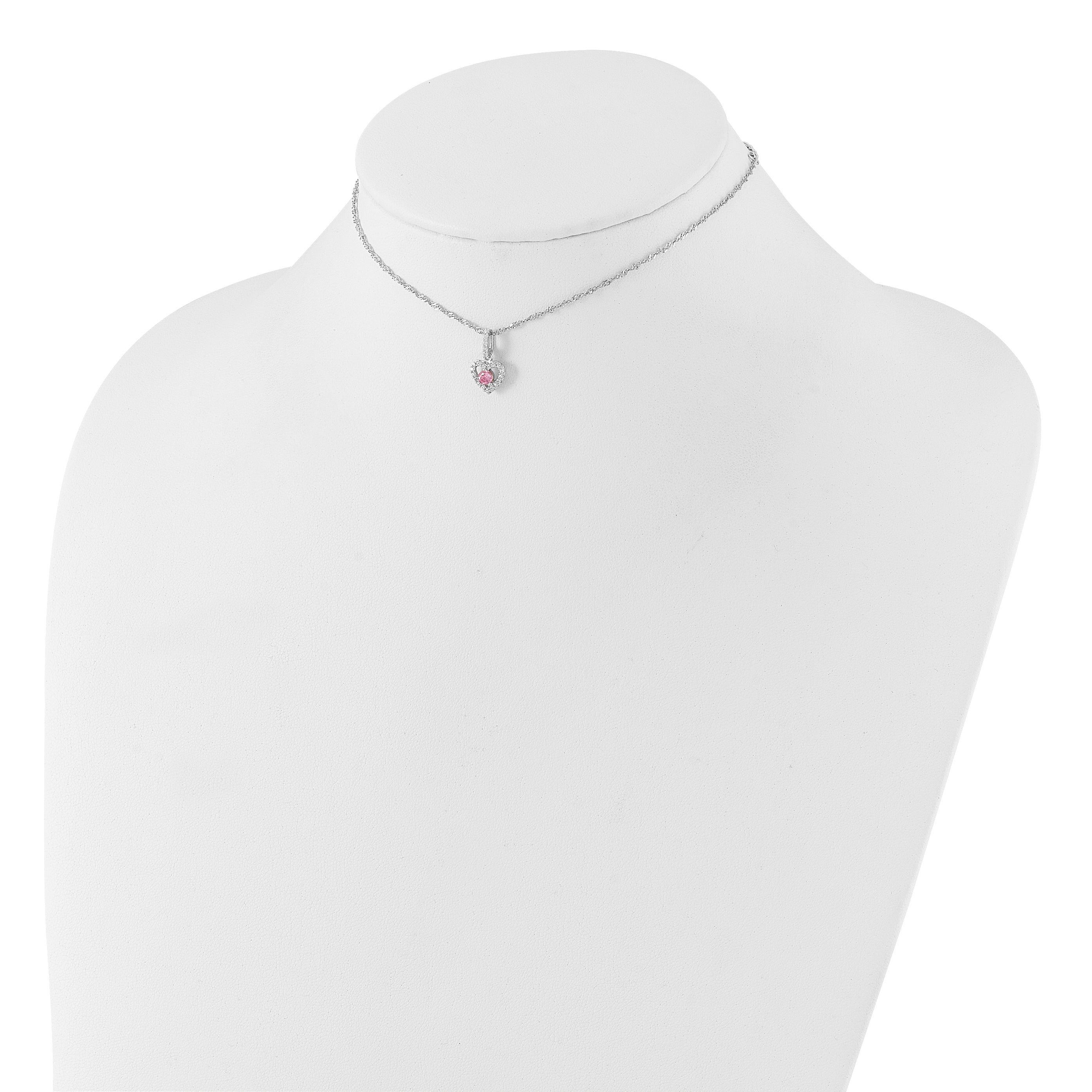 Sterling Silver Rhodium-plated Polished Pink & White CZ Heart Children's 10in w/2in Ext. Necklace & Post Earring Set