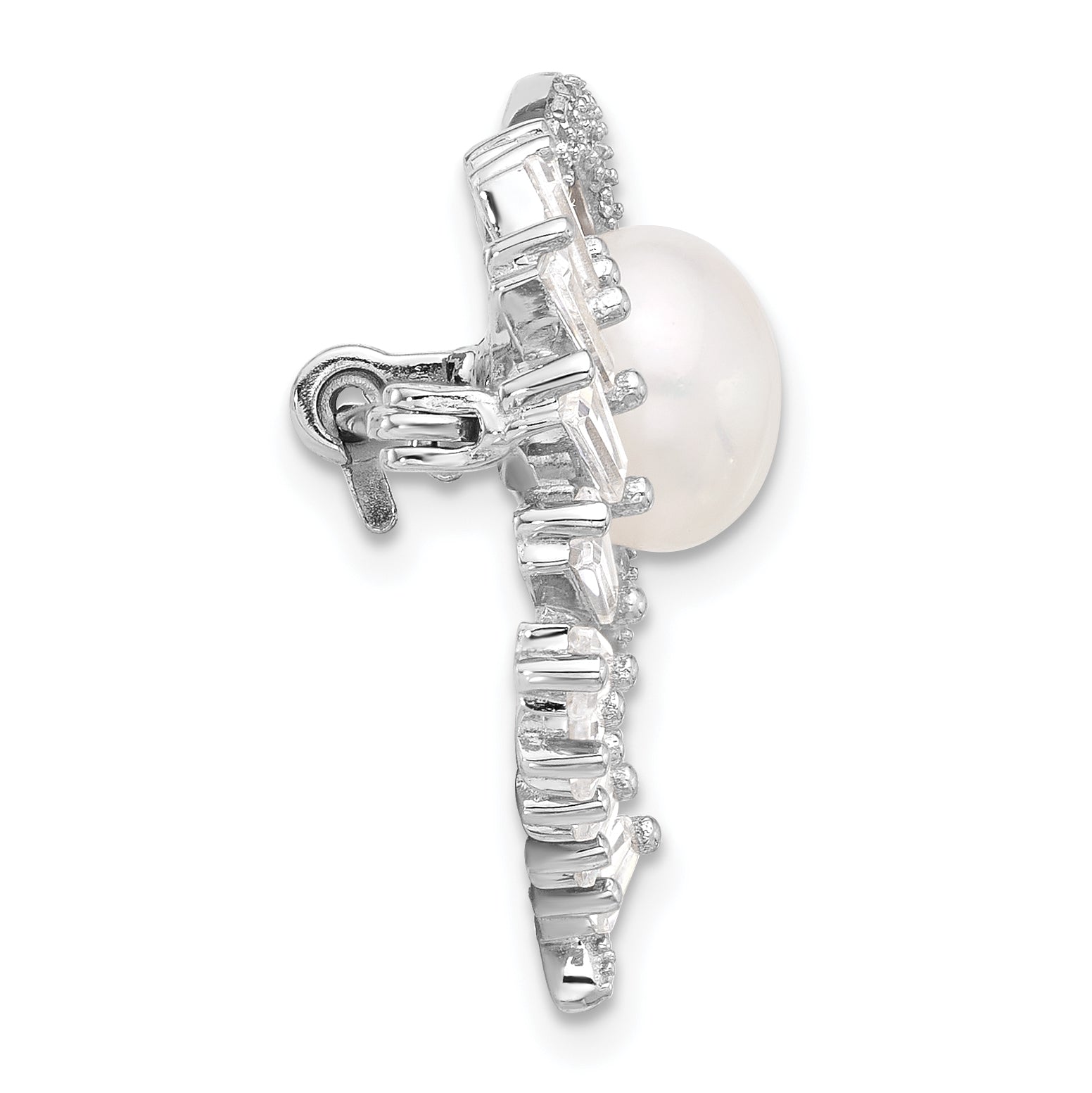 Sterling Silver RH-plated 8-9mm Button White FWC Pearl and CZ Heart Pin