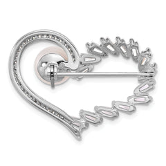 Sterling Silver RH-plated 8-9mm Button White FWC Pearl and CZ Heart Pin