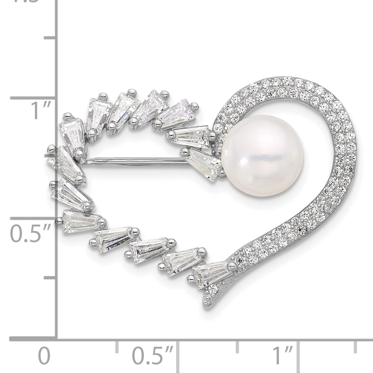 Sterling Silver RH-plated 8-9mm Button White FWC Pearl and CZ Heart Pin