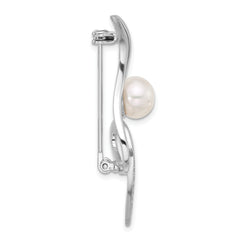 Sterling Silver RH-plated 8-9mm Button White FWC Pearl and CZ Swirl Pin