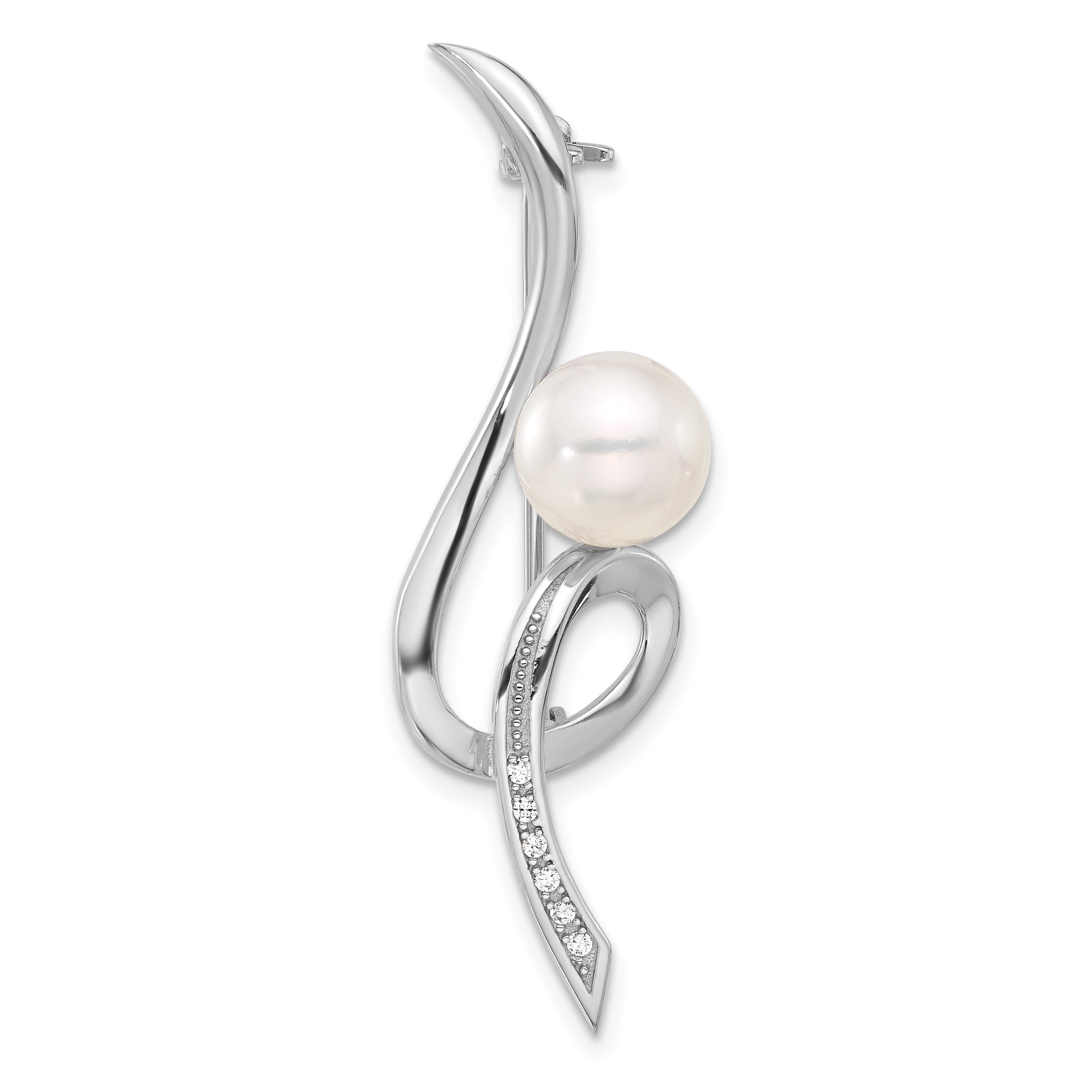 Sterling Silver RH-plated 8-9mm Button White FWC Pearl and CZ Swirl Pin