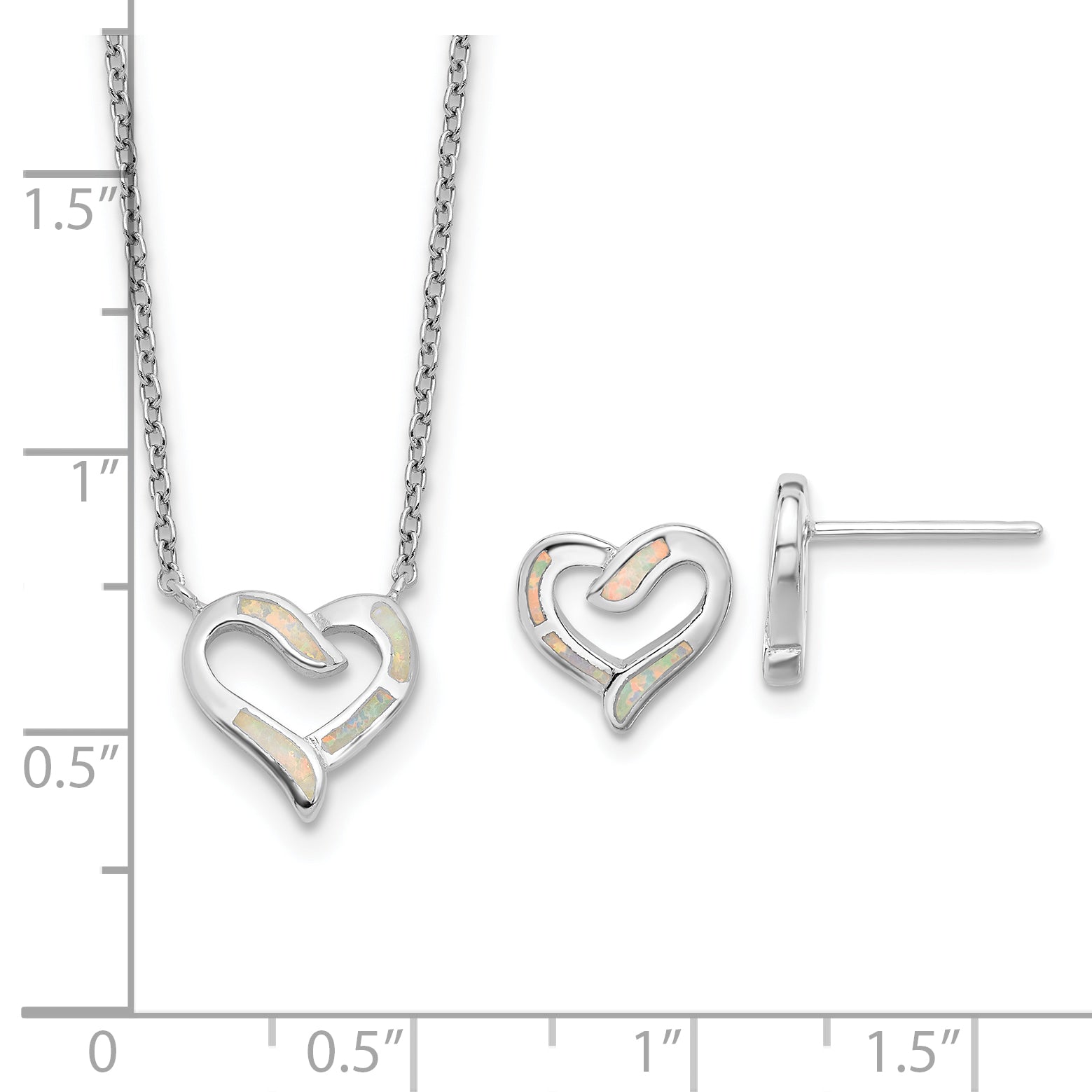 Sterling Silver RH-pl Cr.Opal Heart 16in Necklace w/2in ext and Earring Set