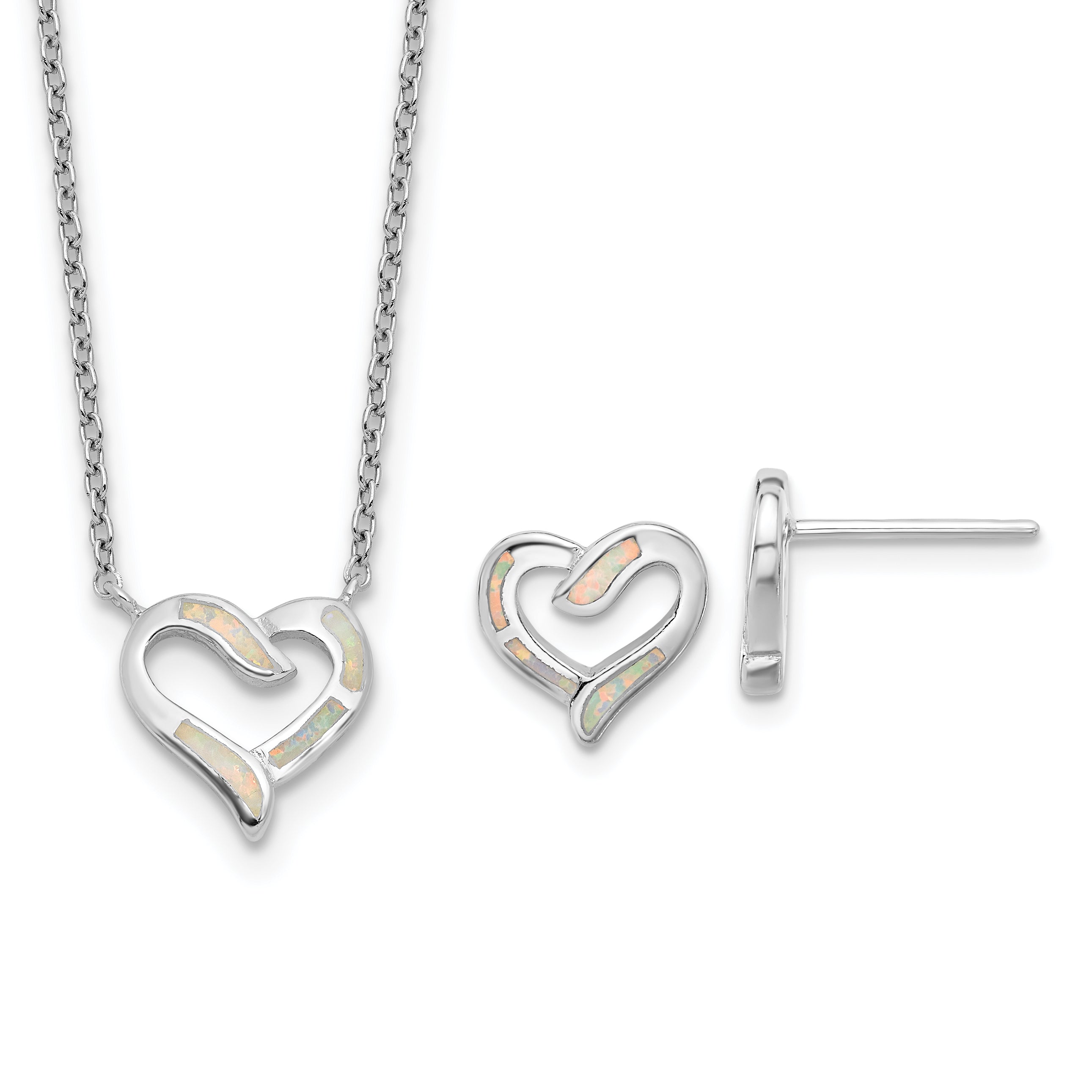 Sterling Silver RH-pl Cr.Opal Heart 16in Necklace w/2in ext and Earring Set