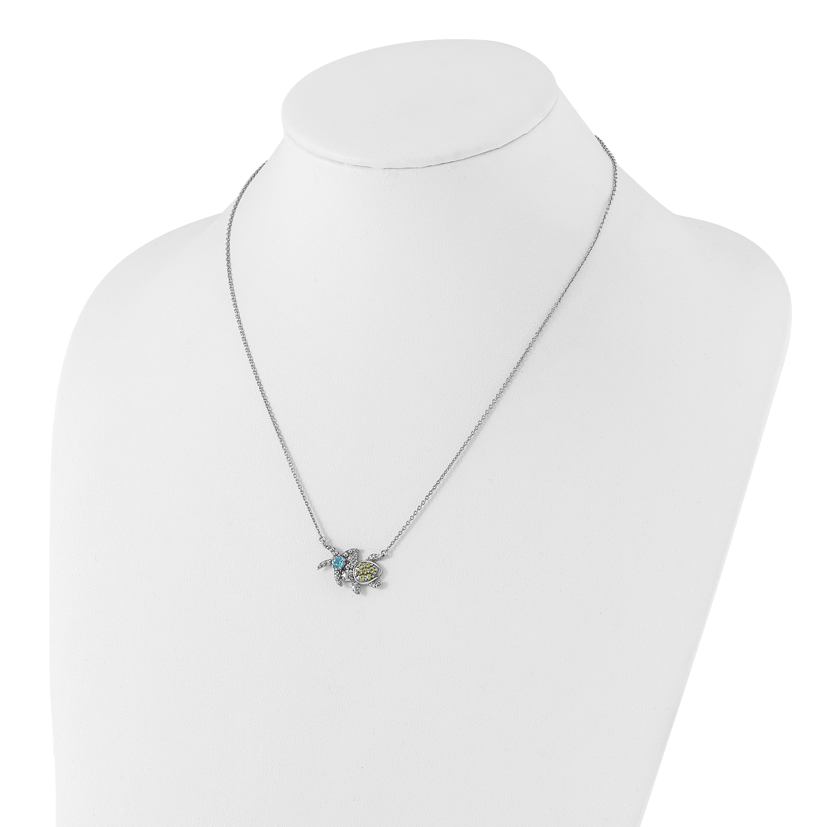Sterling Silver Rh-pl Peridot and Lt Swiss Blue Topaz Turtle Starfish Neckl