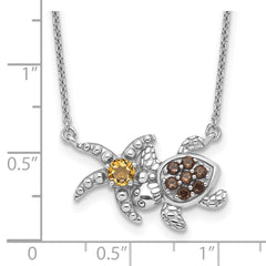 Sterling Silver Rhodium Smoky Quartz and Citrine Turtle 18.75in Necklace