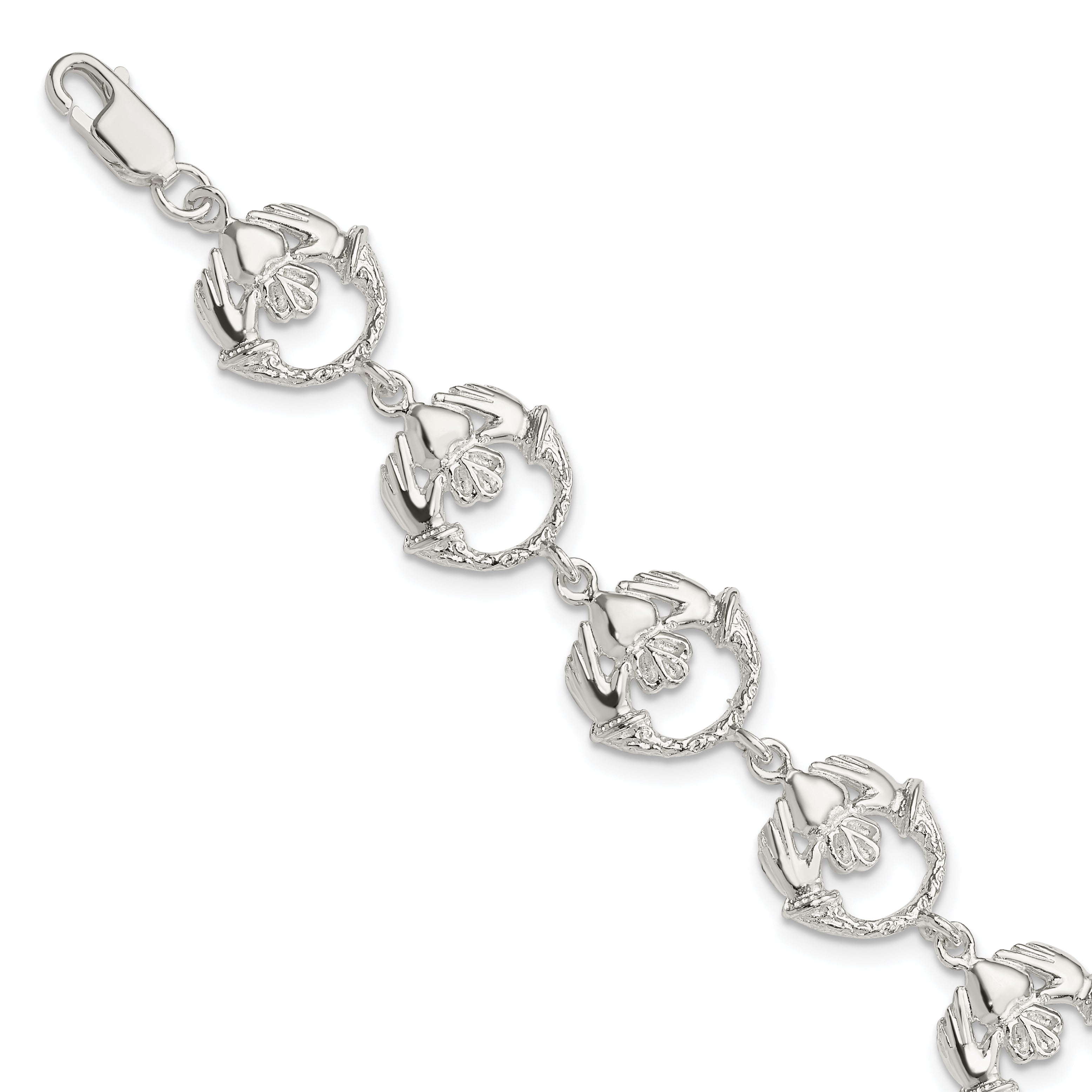 Sterling Silver Polished and Textured Claddagh Link 7 inch Bracelet Main image