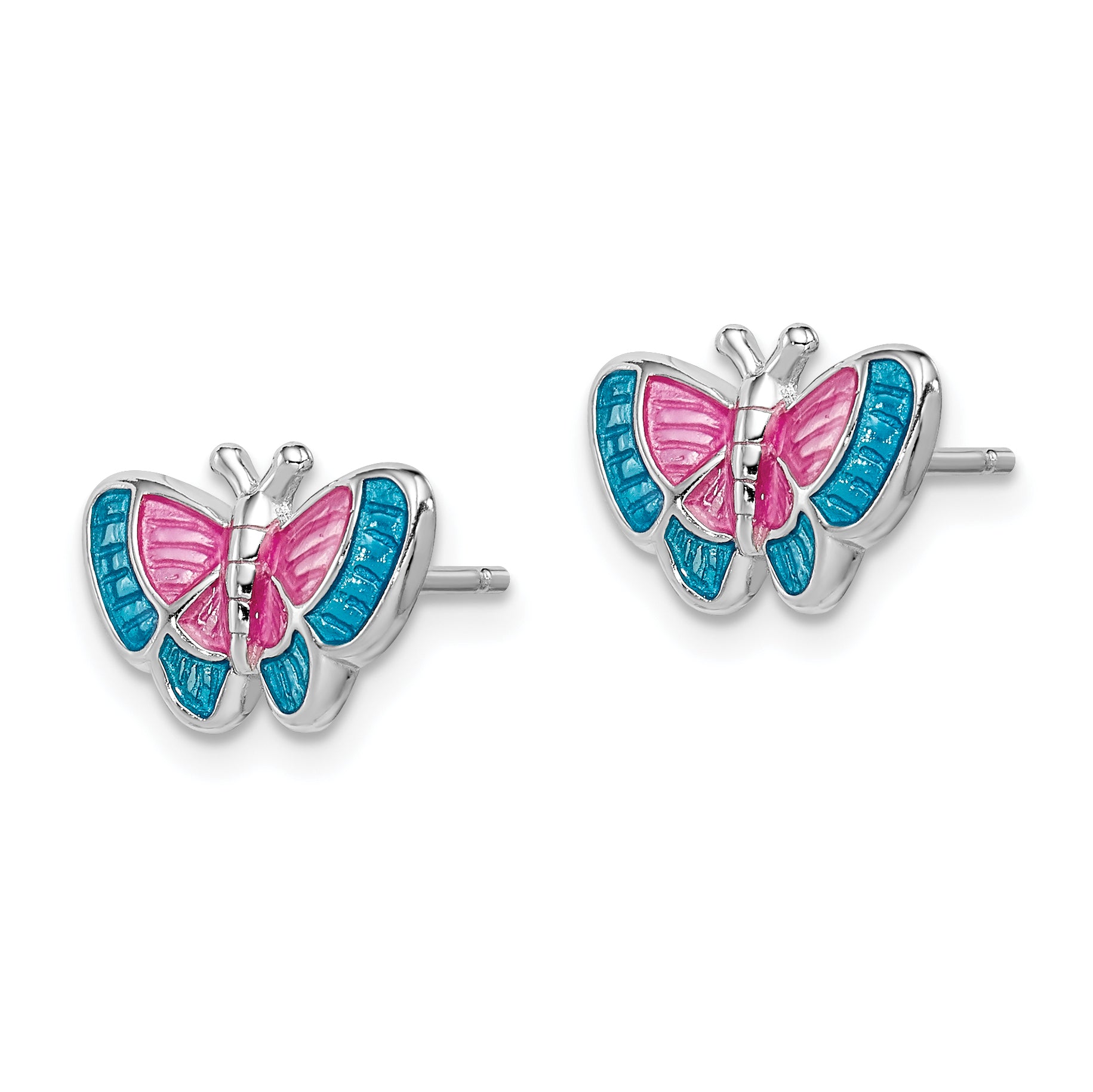 Sterling Silver Rhodium-plated Madi K Polished Pink & Blue Enameled Butterfly Children's Post Earrings Secondary image