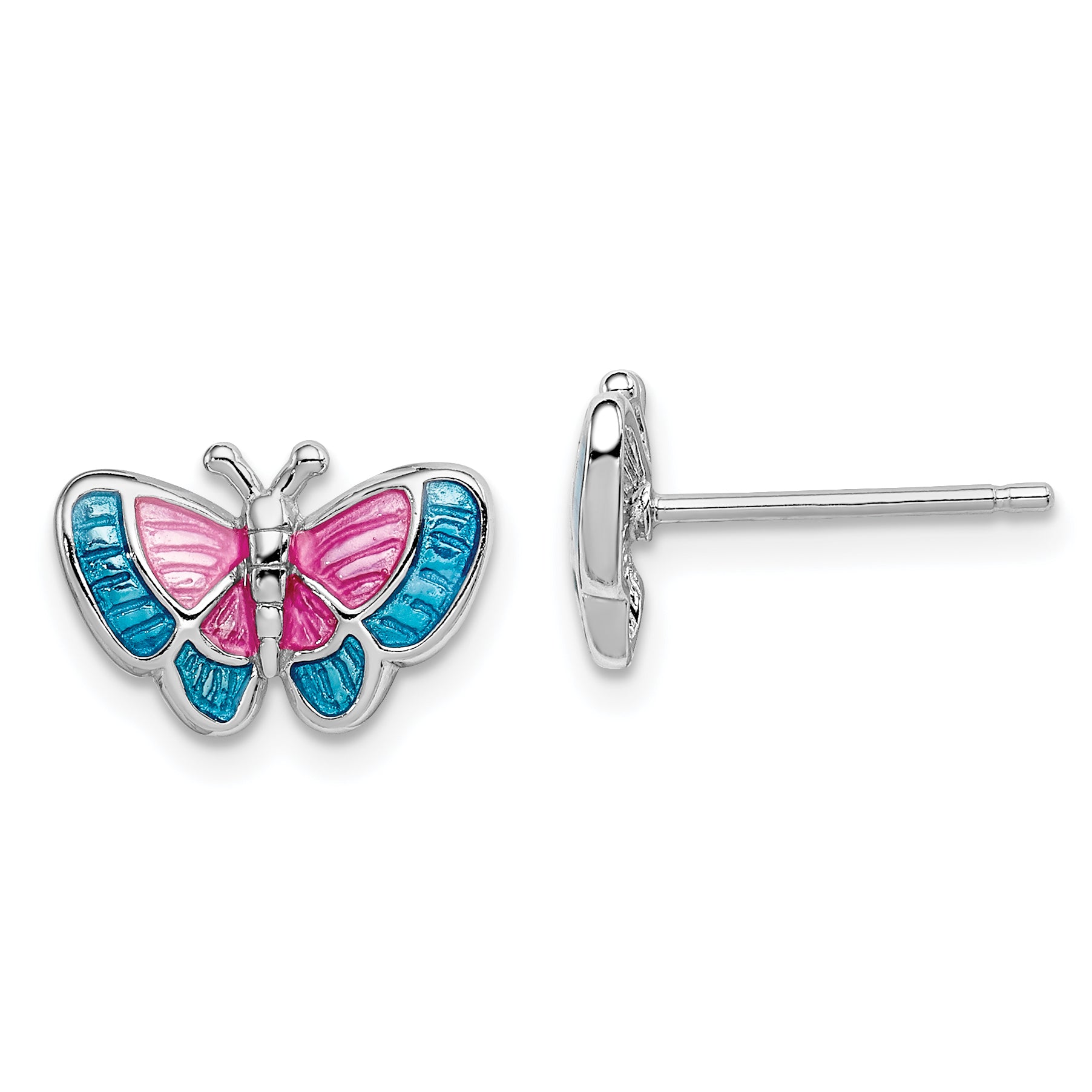 Sterling Silver Rhodium-plated Madi K Polished Pink & Blue Enameled Butterfly Children's Post Earrings Main image