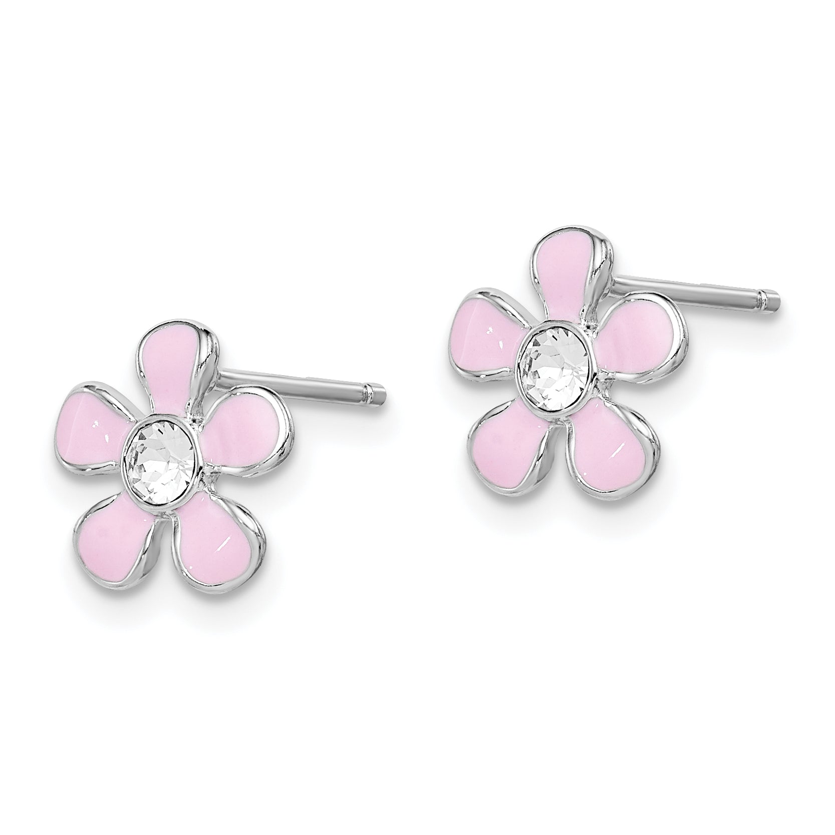 Sterling Silver Madi K Rhodium-plated Polished Pink Enamel & Crystal Flower Children's Post Earrings Secondary image