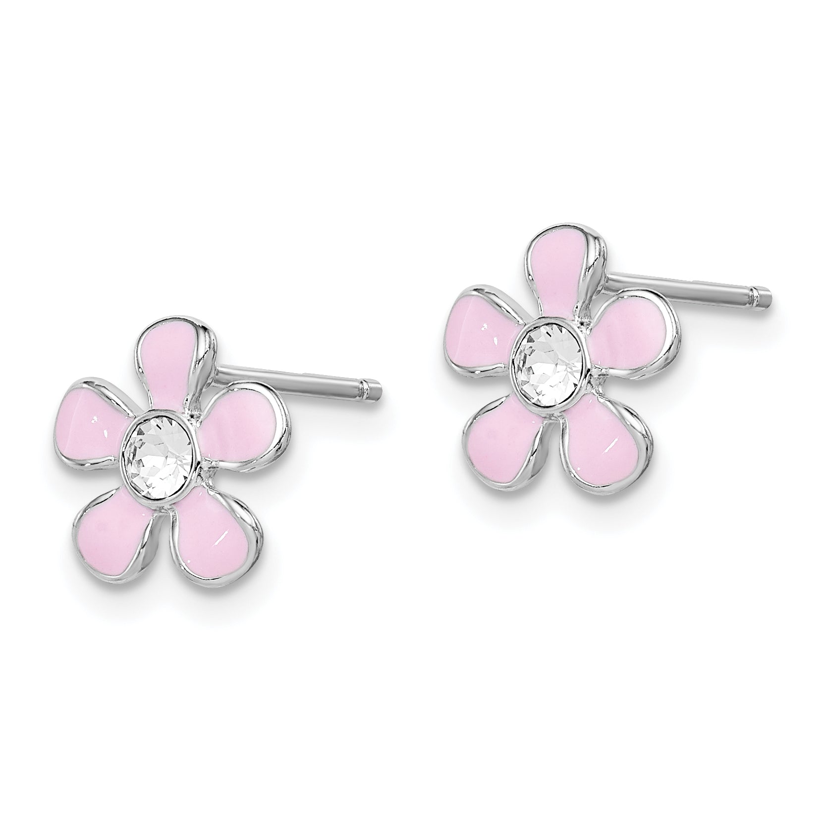 Sterling Silver Madi K Rhodium-plated Polished Pink Enamel & Crystal Flower Children's Post Earrings