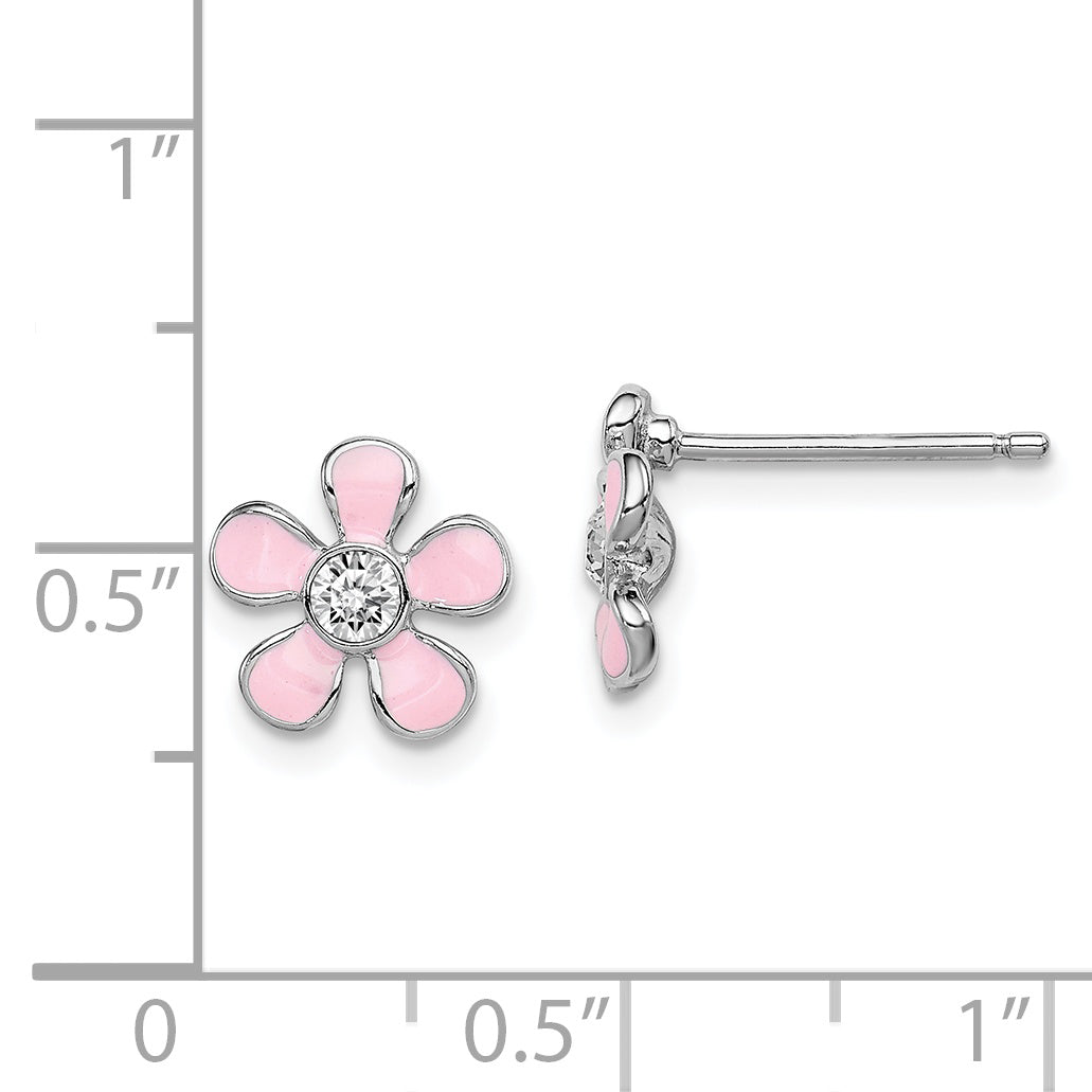 Sterling Silver Madi K Rhodium-plated Polished Pink Enamel & Crystal Flower Children's Post Earrings