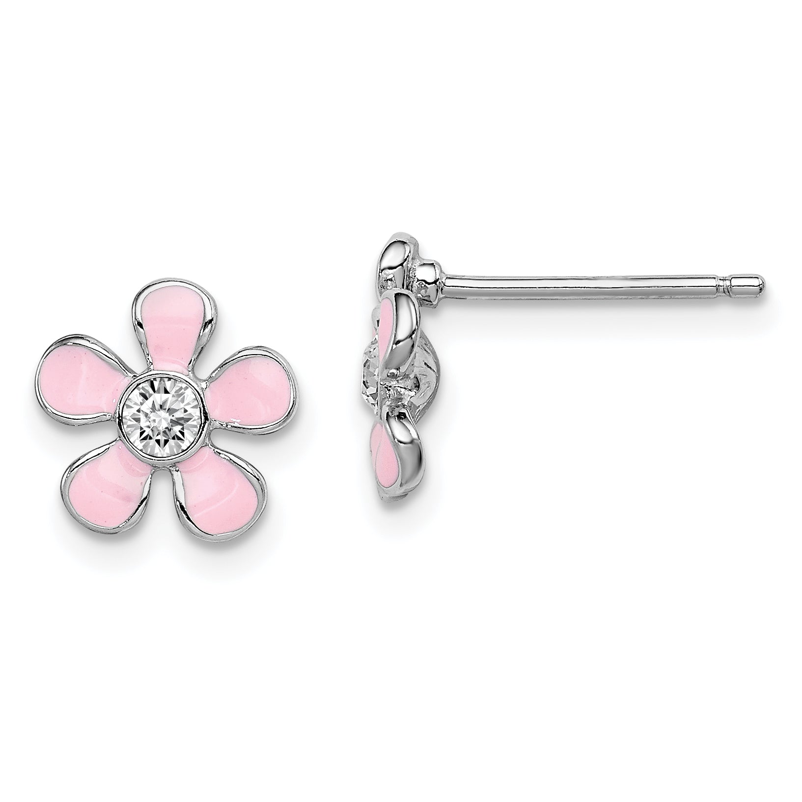 Sterling Silver Madi K Rhodium-plated Polished Pink Enamel & Crystal Flower Children's Post Earrings